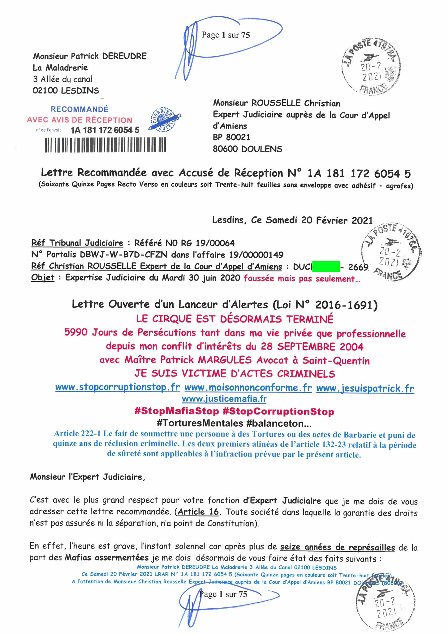 Pièce N°9f) Page 01sur75 AFFAIRE CRIMINELLE «MES CHERS VOISINS» SIGNIFICATION DE JUGEMENT, Violences, Extorsion de Fonds, Tentative Extorsion de Fonds, Maître Marc ANTONINI à l'œuvre et ce avec la bénédiction de nos Institutions www.jesuispatrick.fr