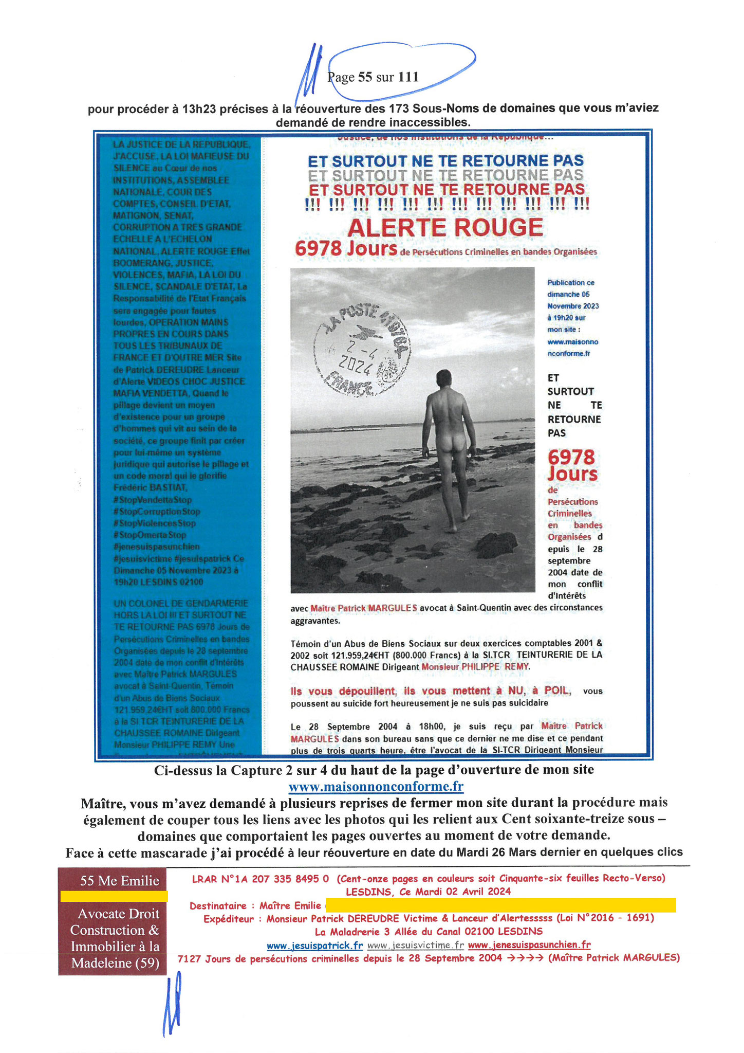 55 sur 111 AFFAIRE CRIMINELLE «MES CHERS VOISINS» Maître vous êtes corrompue 1ère LETTRE RECOMMANDEE OUVERTE MISE EN DEMEURE Mardi 02 Avril 2024