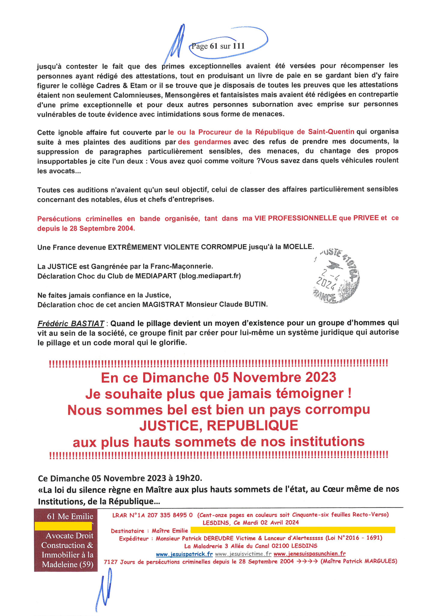61 sur 111 AFFAIRE CRIMINELLE «MES CHERS VOISINS» Maître vous êtes corrompue 1ère LETTRE RECOMMANDEE OUVERTE MISE EN DEMEURE Mardi 02 Avril 2024