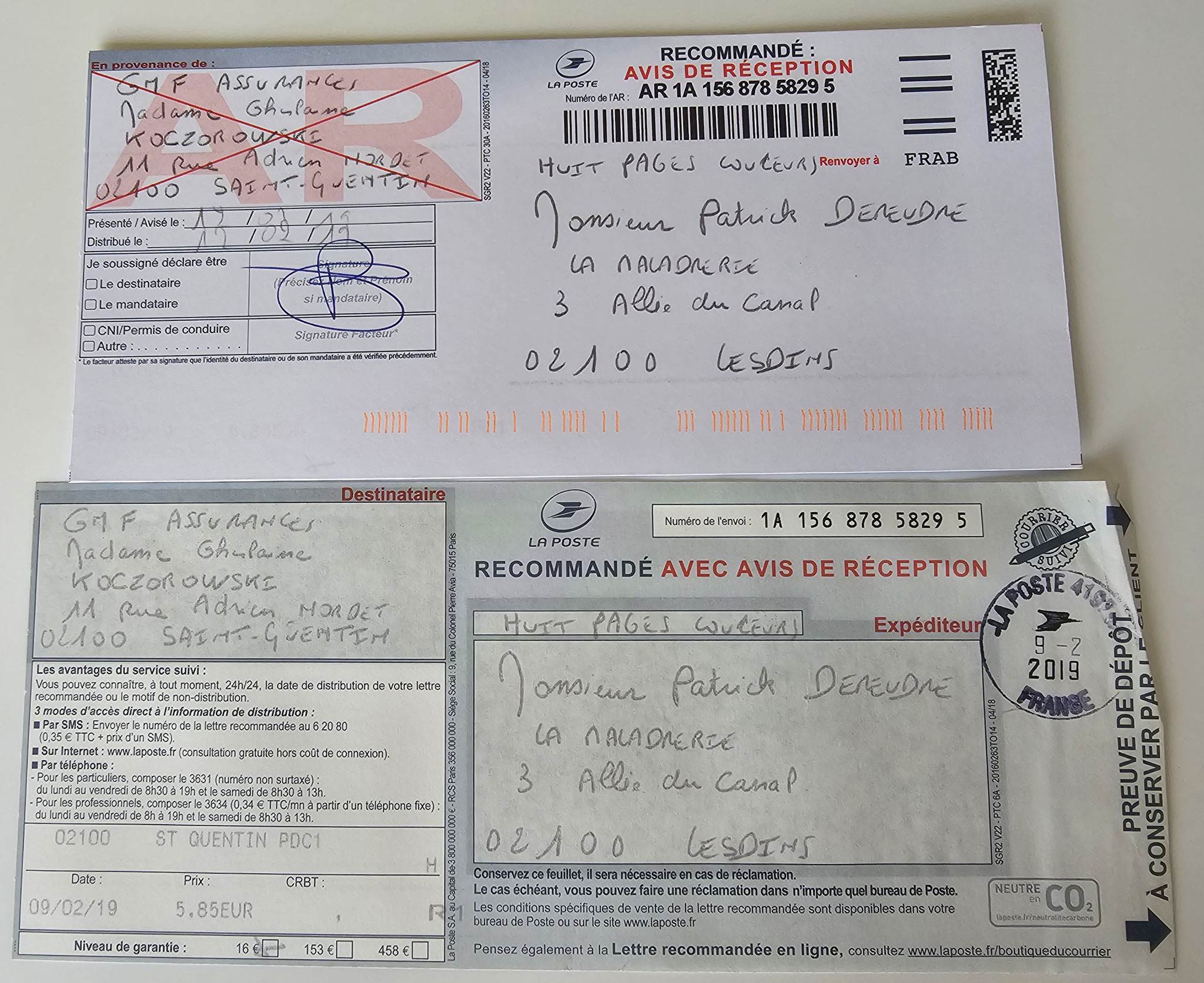 28h) 190209 GMF STQ ASSURÉMENT HUMAIN Accusé de Réception & Preuve de dépôt LRAR 1A 156 878 5829 5
