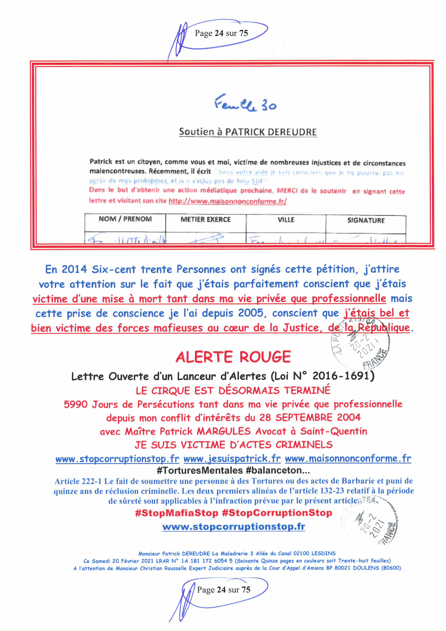 Pièce N°10f) Page 24sur75 AFFAIRE CRIMINELLE «MES CHERS VOISINS» SIGNIFICATION DE JUGEMENT, Violences, Extorsion de Fonds, Tentative Extorsion de Fonds, Maître Marc ANTONINI à l'œuvre et ce avec la bénédiction de nos Institutions www.jesuispatrick.fr