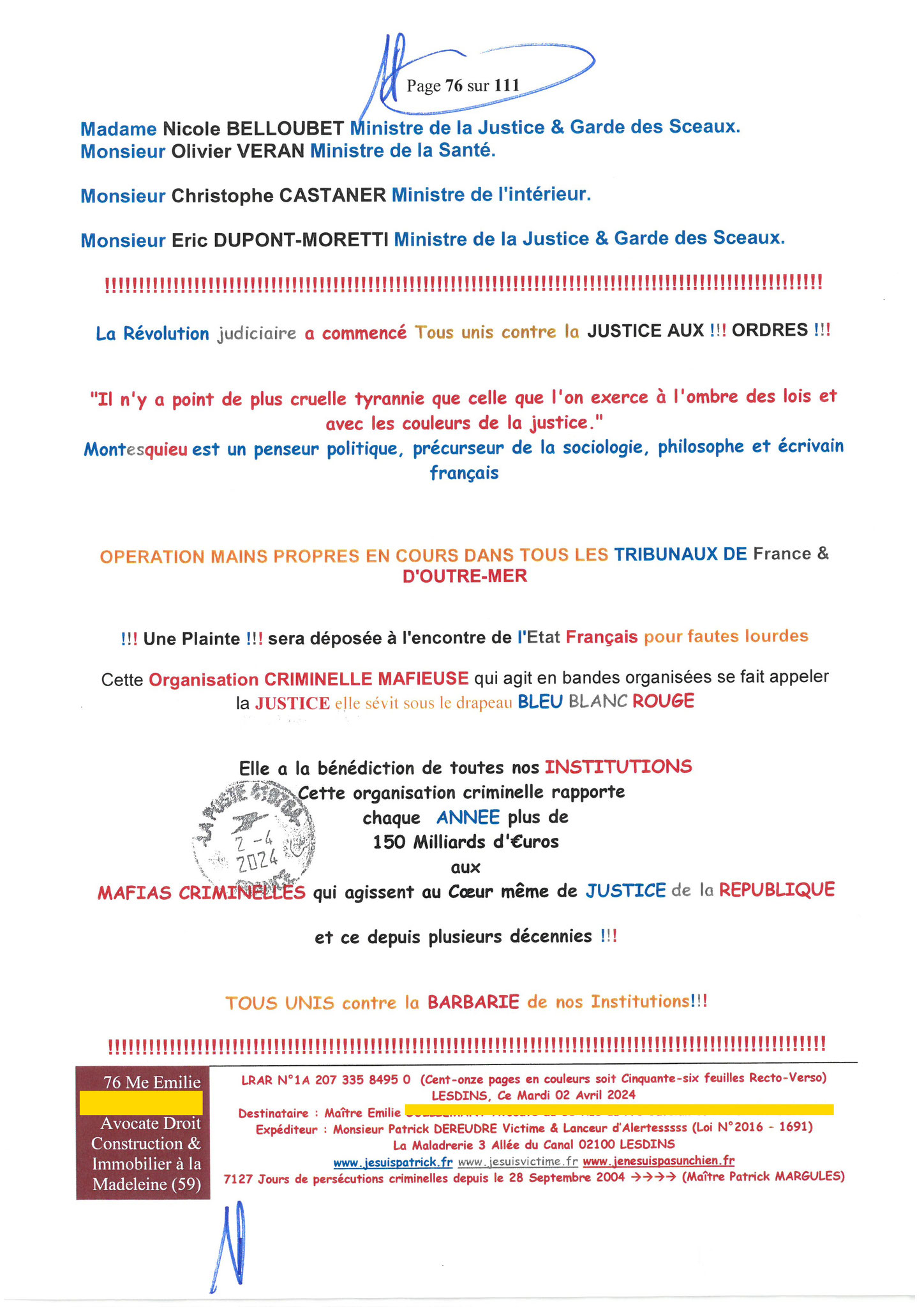 76 sur 111 AFFAIRE CRIMINELLE «MES CHERS VOISINS» Maître vous êtes corrompue 1ère LETTRE RECOMMANDEE OUVERTE MISE EN DEMEURE Mardi 02 Avril 2024