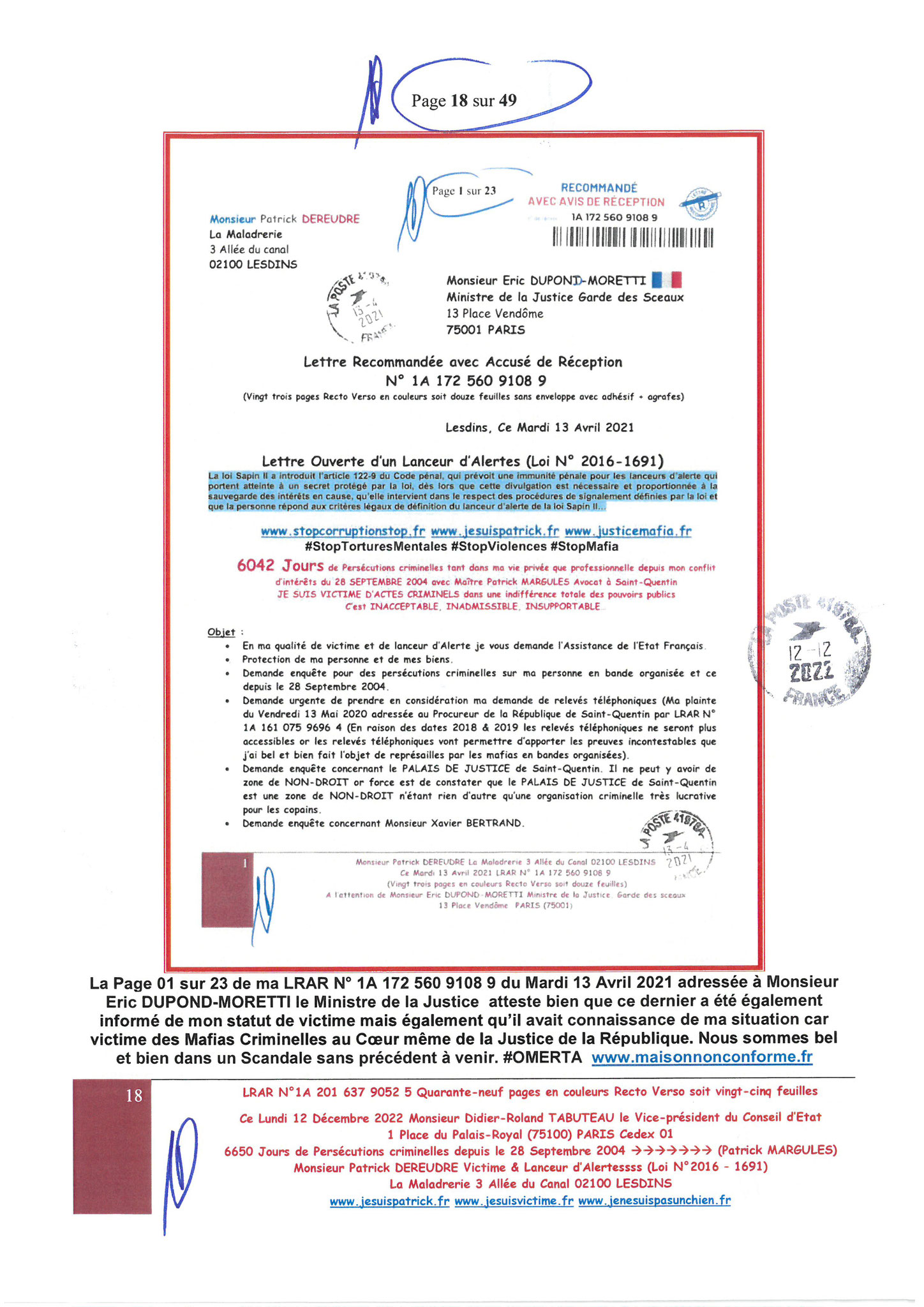 Monsieur Didier-Roland TABUTEAU le Vice-président du Conseil d'Etat LRAR N0 1A 201 637 9052 5 Lundi 12 Décembre 2022 Quarante-neuf pages en couleurs  www.jesuispatrick.fr Parjure & Corruption à très GRANDE ECHELLE AU COEUR MÊME DE LA JUSTICE DE LA REPUBLI