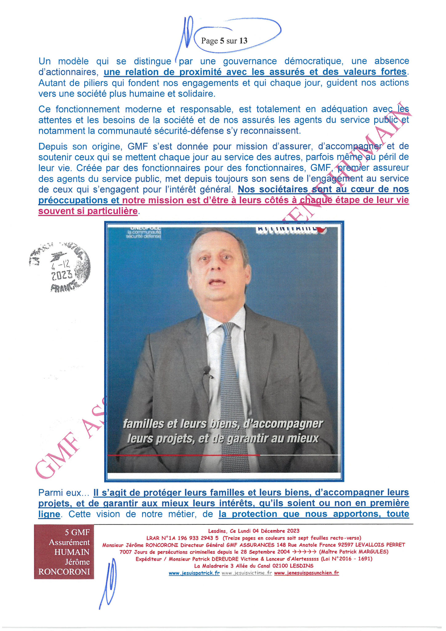 7d)NON ASSISTANCE A PERSONNES EN DANGER 5 sur 13 GMF ASSURANCES ASSURÉMENT HUMAIN !!! NON ASSISTANCE A PERSONNES EN DANGER Ma 1ère LRAR du 04 Décembre 2023 adressée en vain  à Monsieur Eric RONCORONI le Directeur Général de GMF ASSURANCES