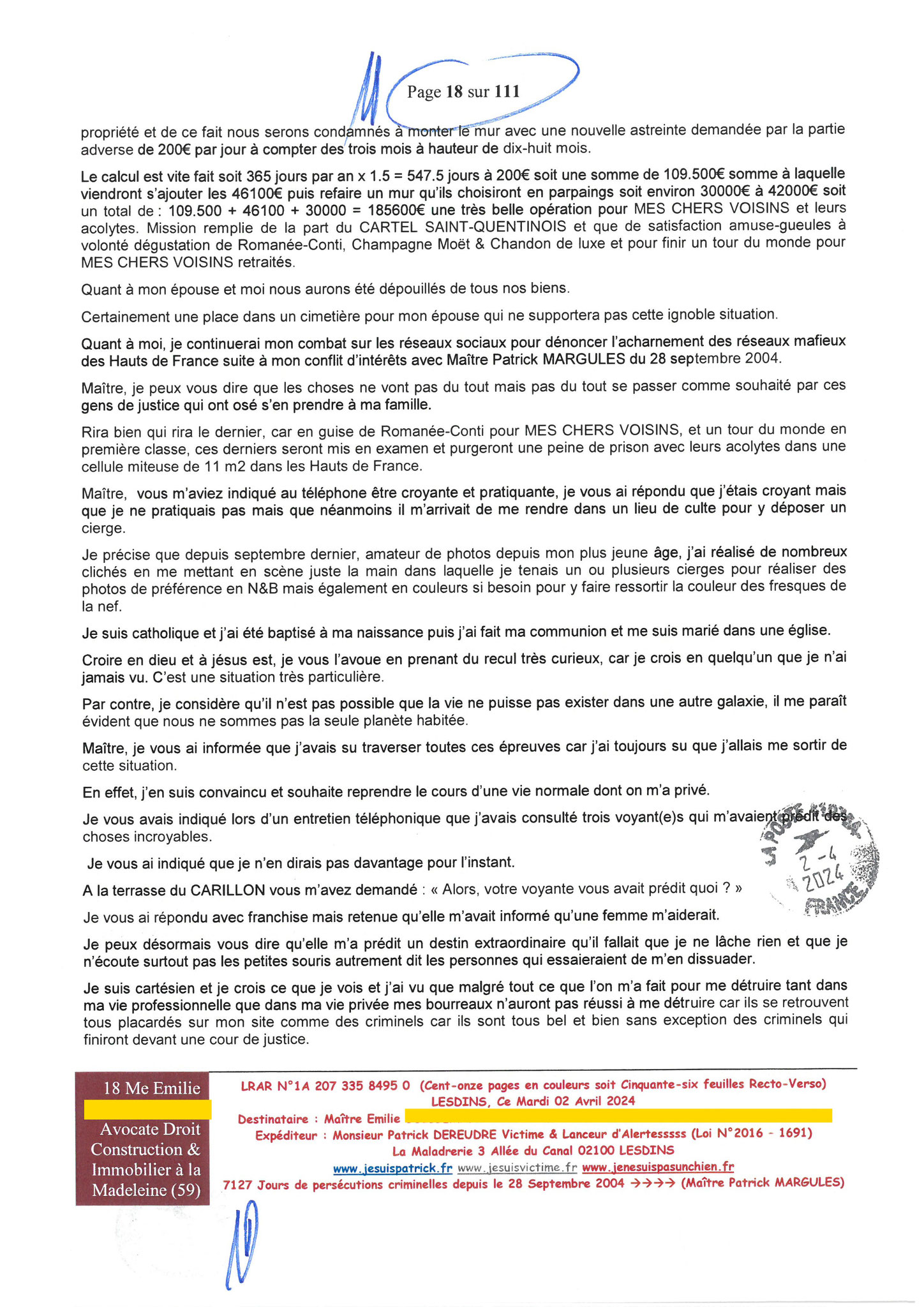 18 sur 111 AFFAIRE CRIMINELLE «MES CHERS VOISINS» Maître vous êtes corrompue  1ère LETTRE RECOMMANDEE OUVERTE MISE EN DEMEURE Mardi 02 Avril 2024