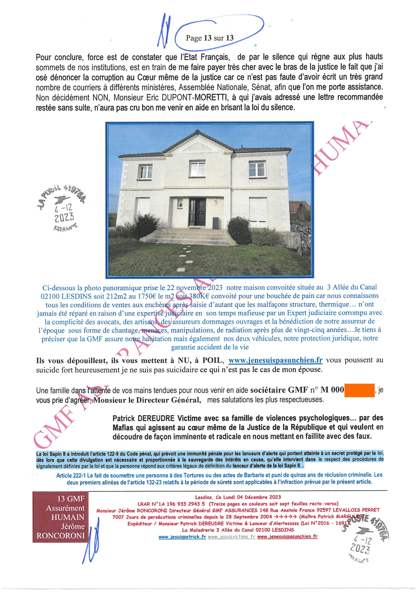 7d)NON ASSISTANCE A PERSONNES EN DANGER 13 sur 13 GMF ASSURANCES ASSURÉMENT HUMAIN !!! NON ASSISTANCE A PERSONNES EN DANGER Ma 1ère LRAR du 04 Décembre 2023 adressée en vain  à Monsieur Eric RONCORONI le Directeur Général de GMF ASSURANCES