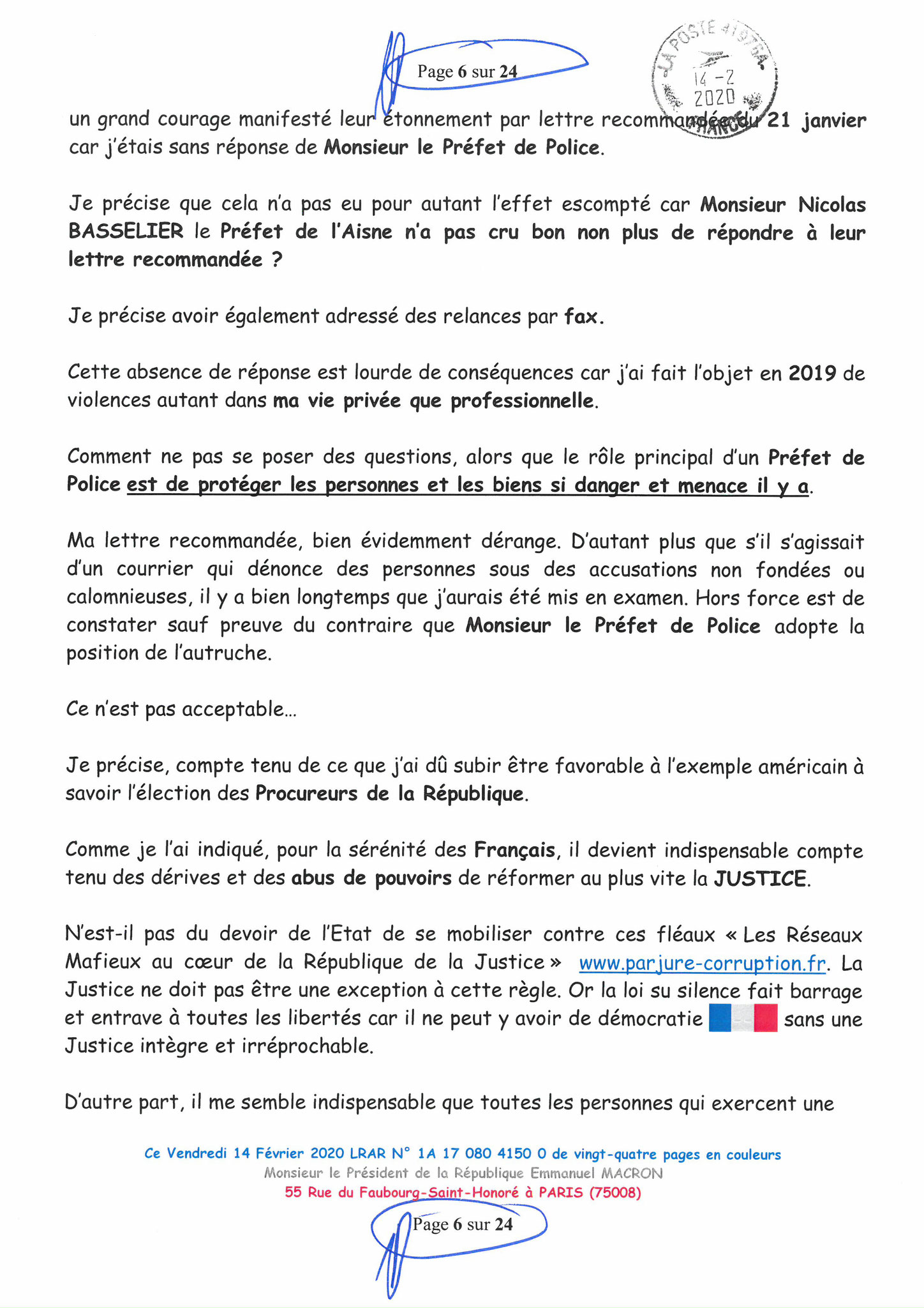 Ma lettre recommandée du 14 Février 2020 N° 1A 178 082 4150 0  page 6 sur 24 en couleur que j'ai adressé à Monsieur Emmanuel MACRON le Président de la République www.jesuispatrick.fr