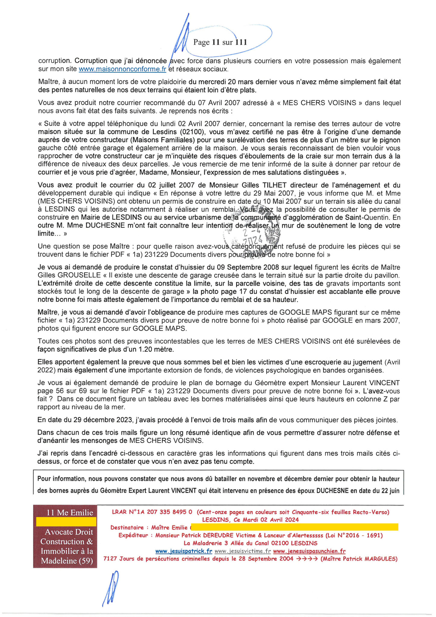 11 sur 111 AFFAIRE CRIMINELLE «MES CHERS VOISINS» Maître vous êtes corrompue  1ère LETTRE RECOMMANDEE OUVERTE MISE EN DEMEURE Mardi 02 Avril 2024