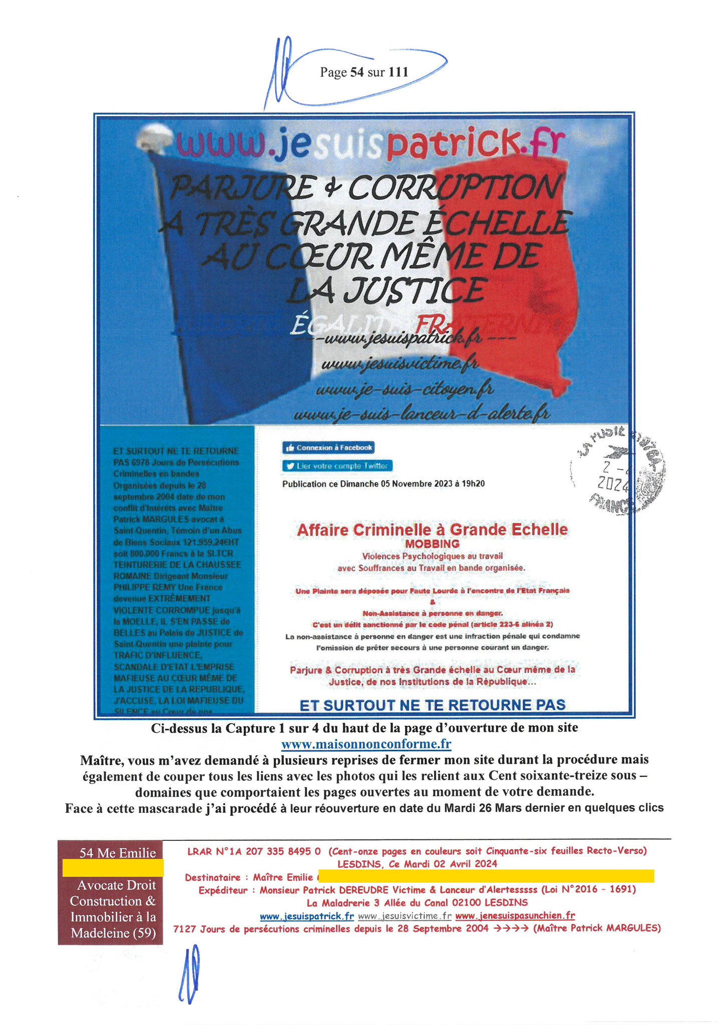 54 sur 111 AFFAIRE CRIMINELLE «MES CHERS VOISINS» Maître vous êtes corrompue 1ère LETTRE RECOMMANDEE OUVERTE MISE EN DEMEURE Mardi 02 Avril 2024