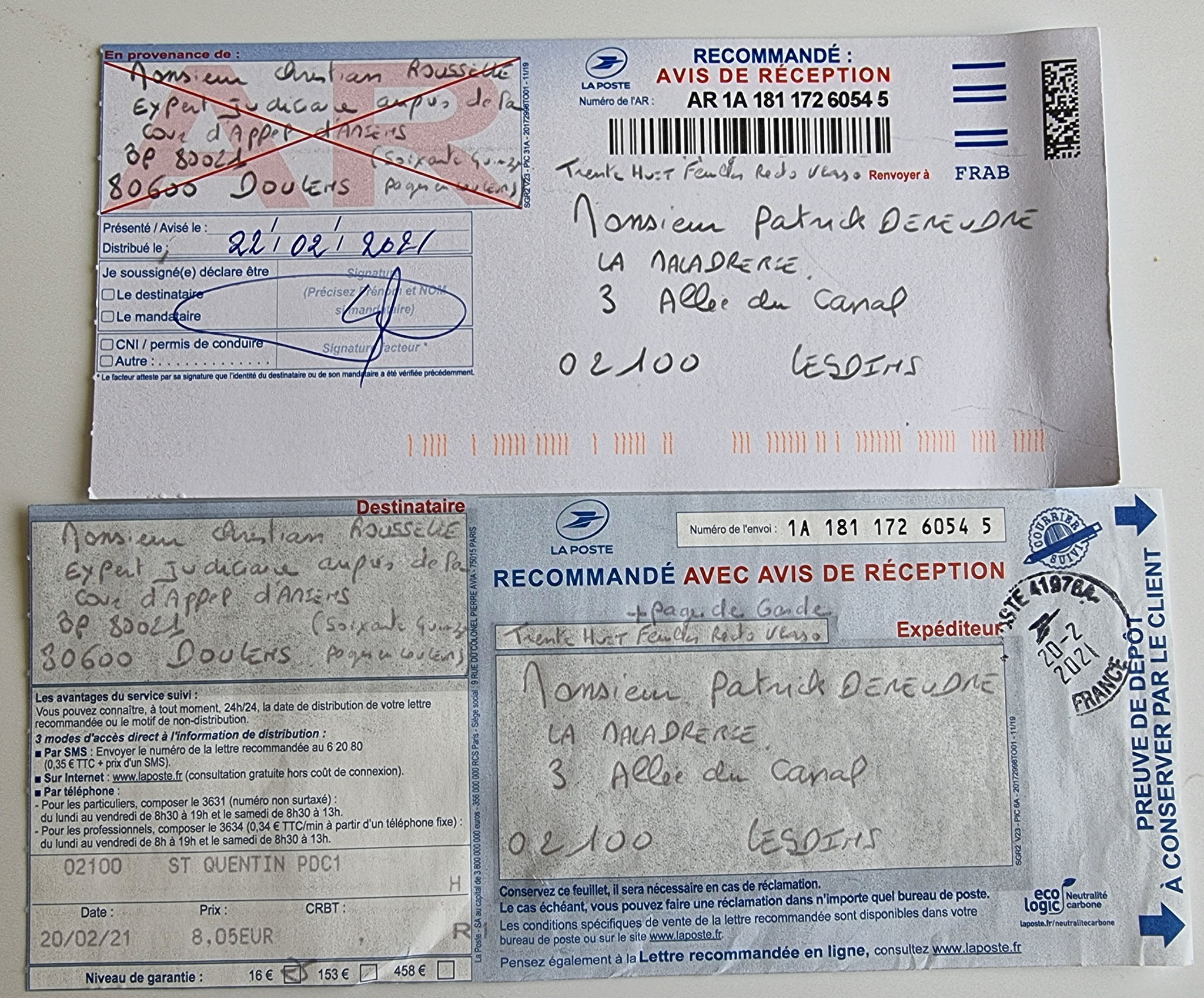 Accusé de Réception 1ère LRAR AFFAIRE CRIMINELLE «MES CHERS VOISINS» SIGNIFICATION DE JUGEMENT, Violences, Extorsion de Fonds, Tentative Extorsion de Fonds, Maître Marc ANTONINI à l'œuvre et ce avec la bénédiction de nos Institutions www.jesuispatrick.fr