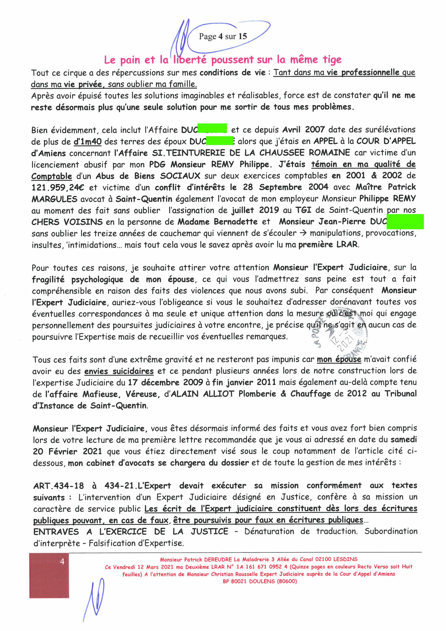 Pièce N°8e) Page 04sur15 AFFAIRE CRIMINELLE «MES CHERS VOISINS» SIGNIFICATION DE JUGEMENT, Violences, Extorsion de Fonds, Tentative Extorsion de Fonds, Maître Marc ANTONINI à l'œuvre et ce avec la bénédiction de nos Institutions www.jesuispatrick.fr