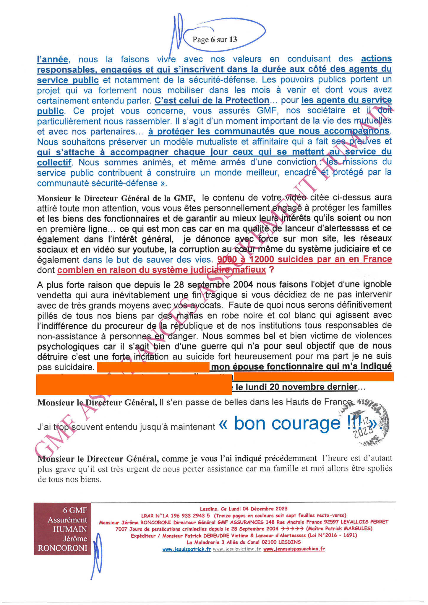 7d)NON ASSISTANCE A PERSONNES EN DANGER 6 sur 13 GMF ASSURANCES ASSURÉMENT HUMAIN !!! NON ASSISTANCE A PERSONNES EN DANGER Ma 1ère LRAR du 04 Décembre 2023 adressée en vain  à Monsieur Eric RONCORONI le Directeur Général de GMF ASSURANCES