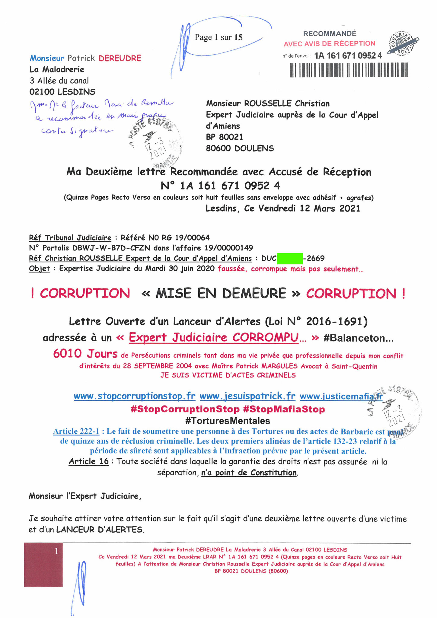 Pièce N°8e) Page 01sur15 AFFAIRE CRIMINELLE «MES CHERS VOISINS» SIGNIFICATION DE JUGEMENT, Violences, Extorsion de Fonds, Tentative Extorsion de Fonds, Maître Marc ANTONINI à l'œuvre et ce avec la bénédiction de nos Institutions www.jesuispatrick.fr
