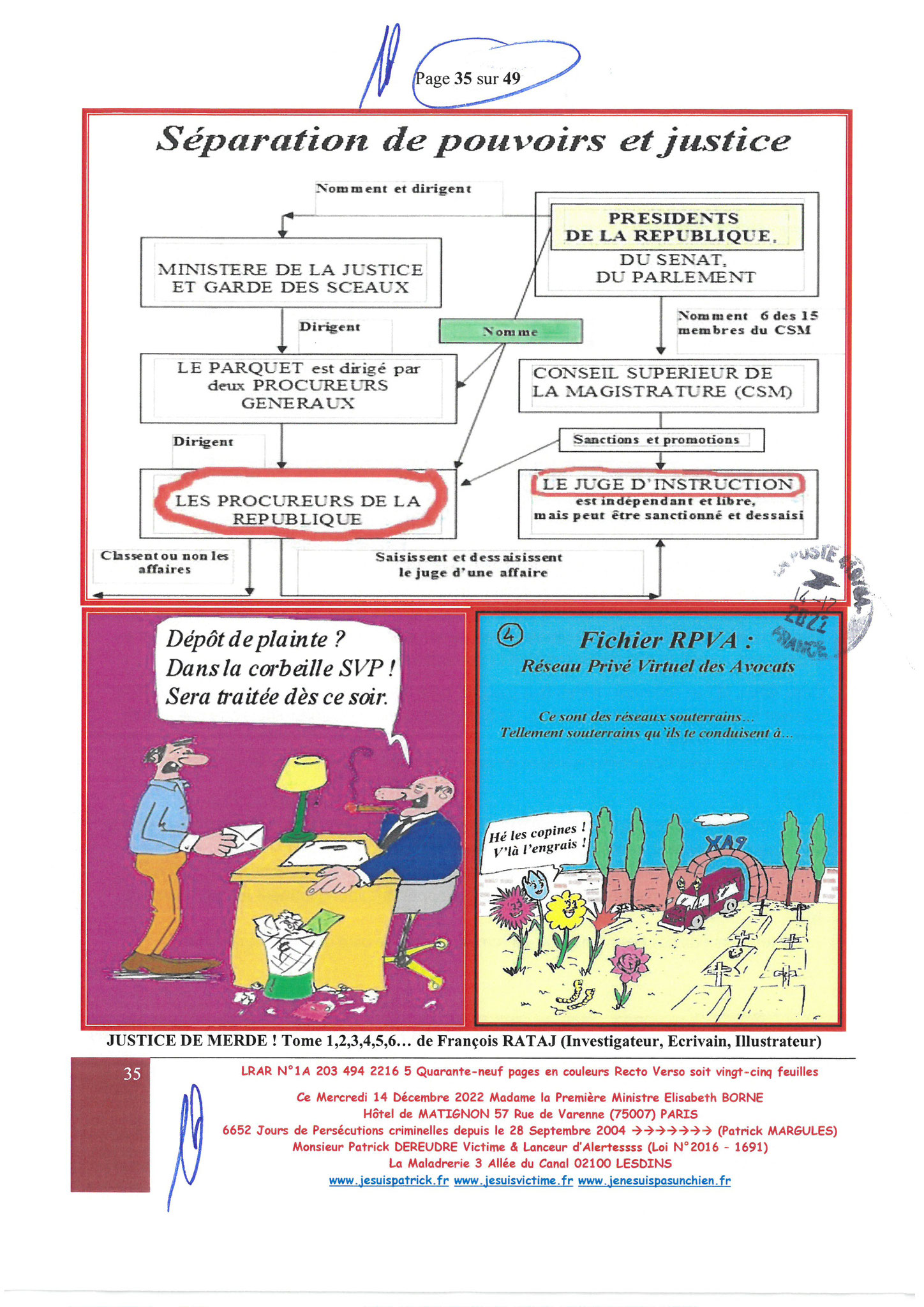 Madame Elisabeth BORNE la Première Ministre LRAR N0 1A 203 494 2216 5 du  Mercredi 14 Décembre 2022 Quarante-neuf pages en couleurs  www.jesuispatrick.fr Parjure & Corruption à très GRANDE ECHELLE AU COEUR MÊME DE LA JUSTICE DE LA REPUBLIQUE !!!