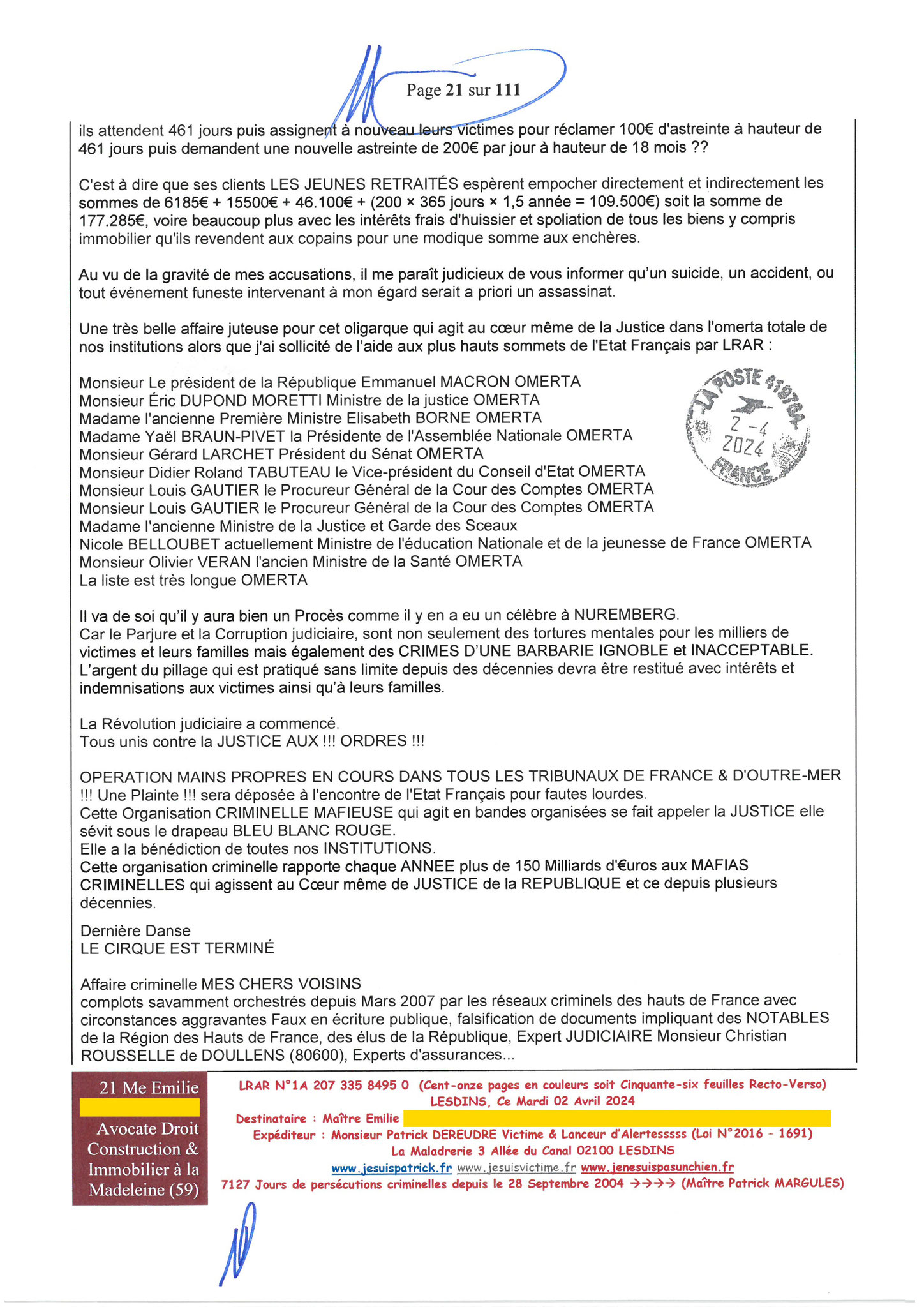 21 sur 111 AFFAIRE CRIMINELLE «MES CHERS VOISINS» 1ère Maître vous êtes corrompue  LETTRE RECOMMANDEE OUVERTE MISE EN DEMEURE Mardi 02 Avril 2024