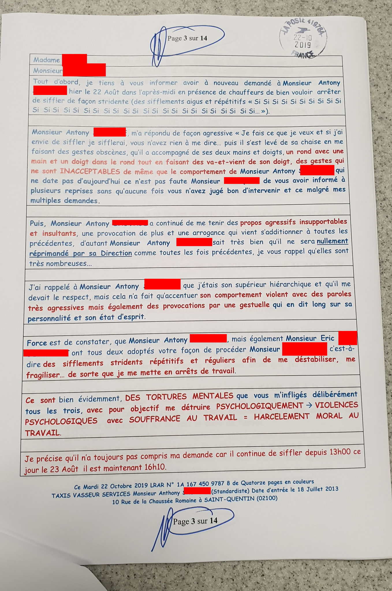 Ma troisième LRAR du 22 Octobre 2019 à Monsieur Anthony Standardiste CHEZ LES TAXIS VASSEUR SERVICES VIOLENCES & SOUFFRANCES AU TRAVAIL (MOBBING & GANG STAKLING) www.jenesuispasunchien.fr www.jesuisvictime.fr www.jesuispatrick.fr