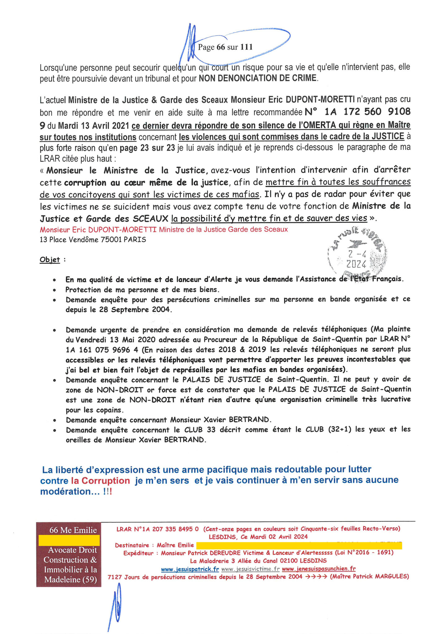66 sur 111 AFFAIRE CRIMINELLE «MES CHERS VOISINS» Maître vous êtes corrompue 1ère LETTRE RECOMMANDEE OUVERTE MISE EN DEMEURE Mardi 02 Avril 2024