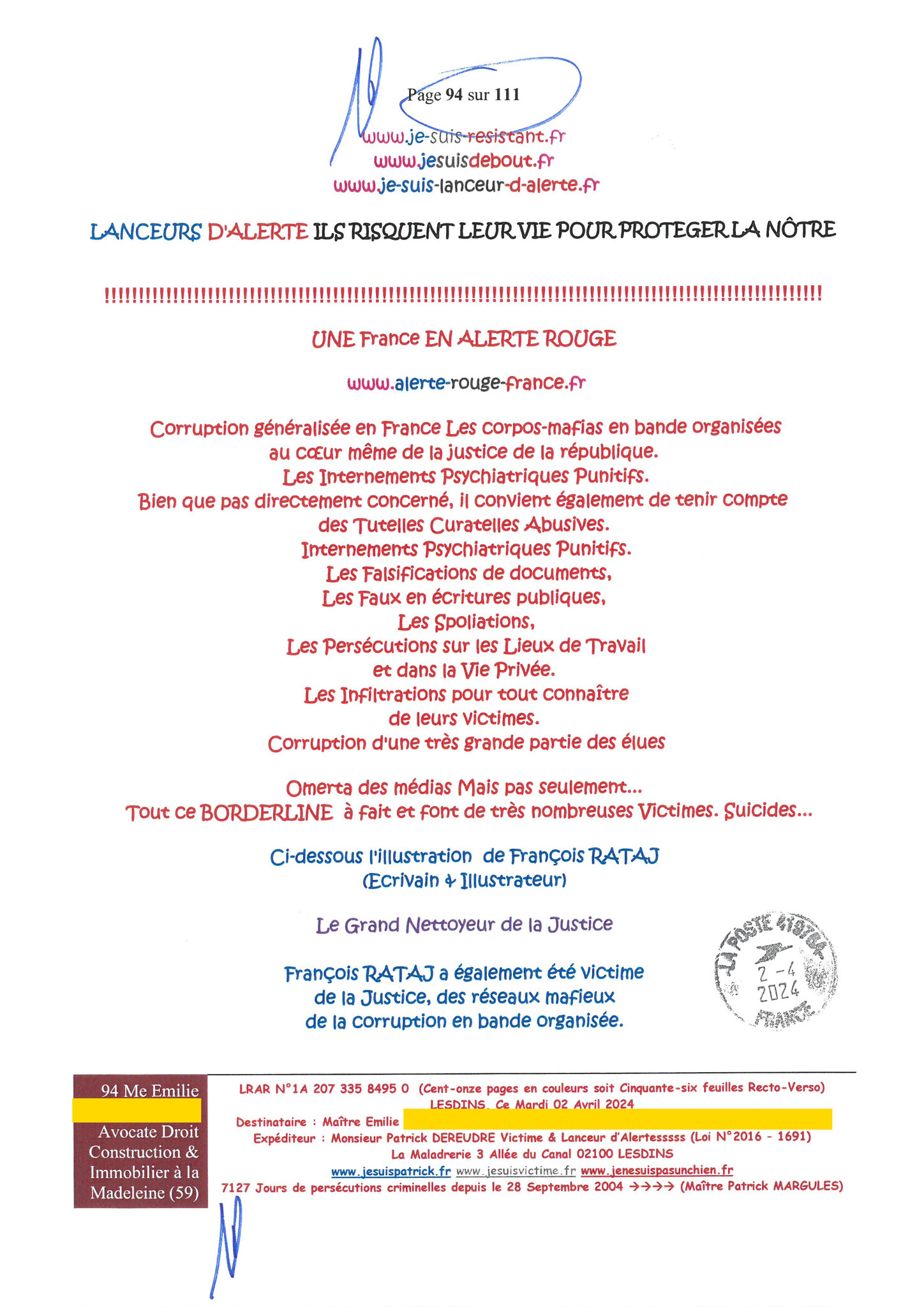 94 sur 111 AFFAIRE CRIMINELLE «MES CHERS VOISINS» Maître vous êtes corrompue 1ère LETTRE RECOMMANDEE OUVERTE MISE EN DEMEURE Mardi 02 Avril 2024