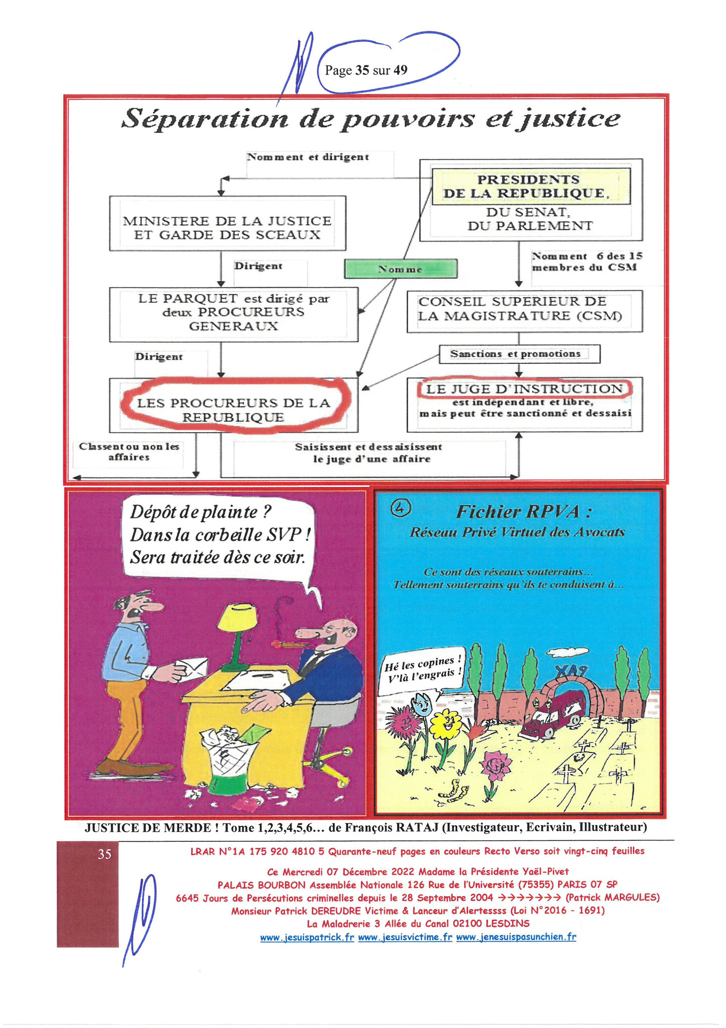  Madame Yaël Braun-Pivet Présidente de l’Assemblée Nationale LRAR N° 1A 175 920 4810 5 le Mercredi 07 Décembre 2022 Quarante-neuf pages en couleurs  www.jesuispatrick.fr Parjure & Corruption à très GRANDE ECHELLE AU COEUR MÊME DE LA JUSTICE, REPUBLIQUE!!!