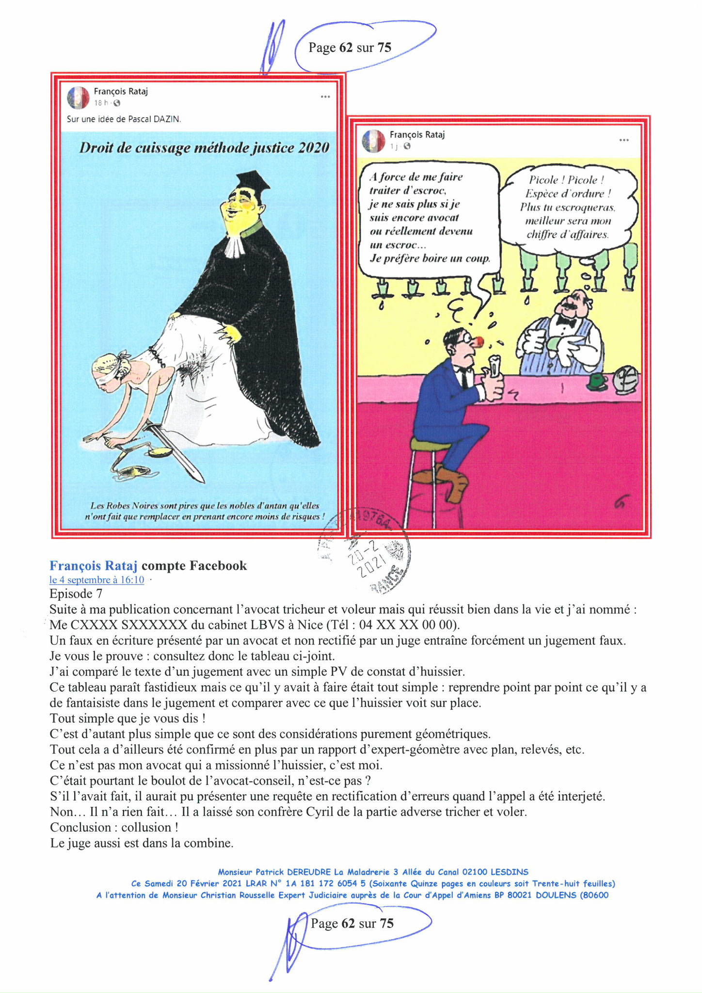 Pièce N°12f) Page 62sur75 AFFAIRE CRIMINELLE «MES CHERS VOISINS» SIGNIFICATION DE JUGEMENT, Violences, Extorsion de Fonds, Tentative Extorsion de Fonds, Maître Marc ANTONINI à l'œuvre et ce avec la bénédiction de nos Institutions www.jesuispatrick.fr