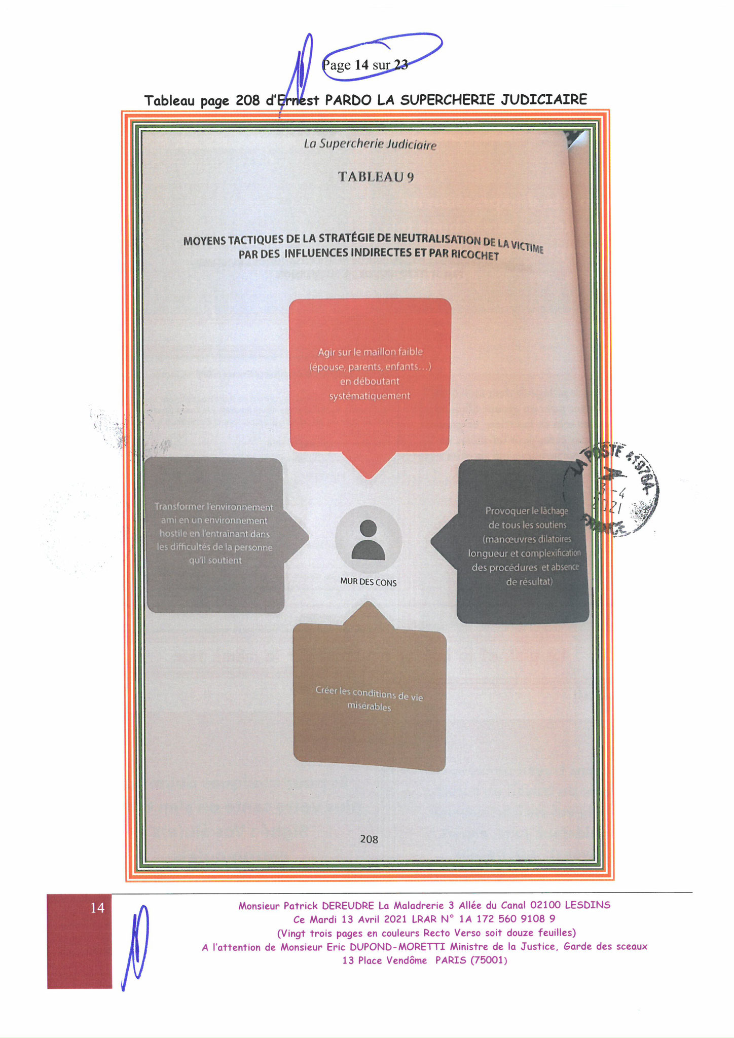 Monsieur Eric DUPONT-MORETTI Ministre de la Justice LRAR N0 N° 1A 172 560 9108 9 Vingt-trois pages en couleurs  www.jesuispatrick.fr Parjure & Corruption à très GRANDE ECHELLE AU COEUR MÊME DE LA JUSTICE DE LA REPUBLIQUE !!!