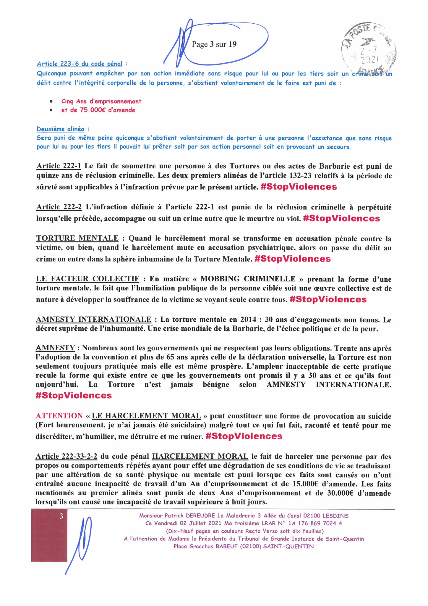 Ma lettre du 02 Juillet 2021 adressée au TRIBUNAL DE GRANDE INSTANCE de SAINT-QUENTIN  sans réponse situation lourde de conséquences www.jesuisvictime.fr www.jenesuispasunchien.fr www.jesuisenvie.fr ALERTE ROUGE TRISTE FRANCE CORRUPTION GENERALISEE EN FRA