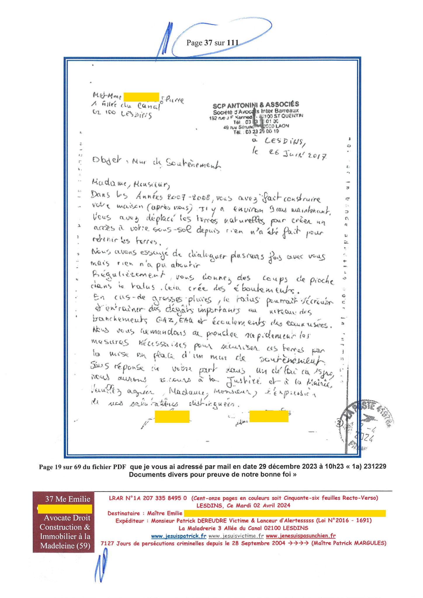 37 sur 111 AFFAIRE CRIMINELLE «MES CHERS VOISINS» Maître vous êtes corrompue 1ère LETTRE RECOMMANDEE OUVERTE MISE EN DEMEURE Mardi 02 Avril 2024
