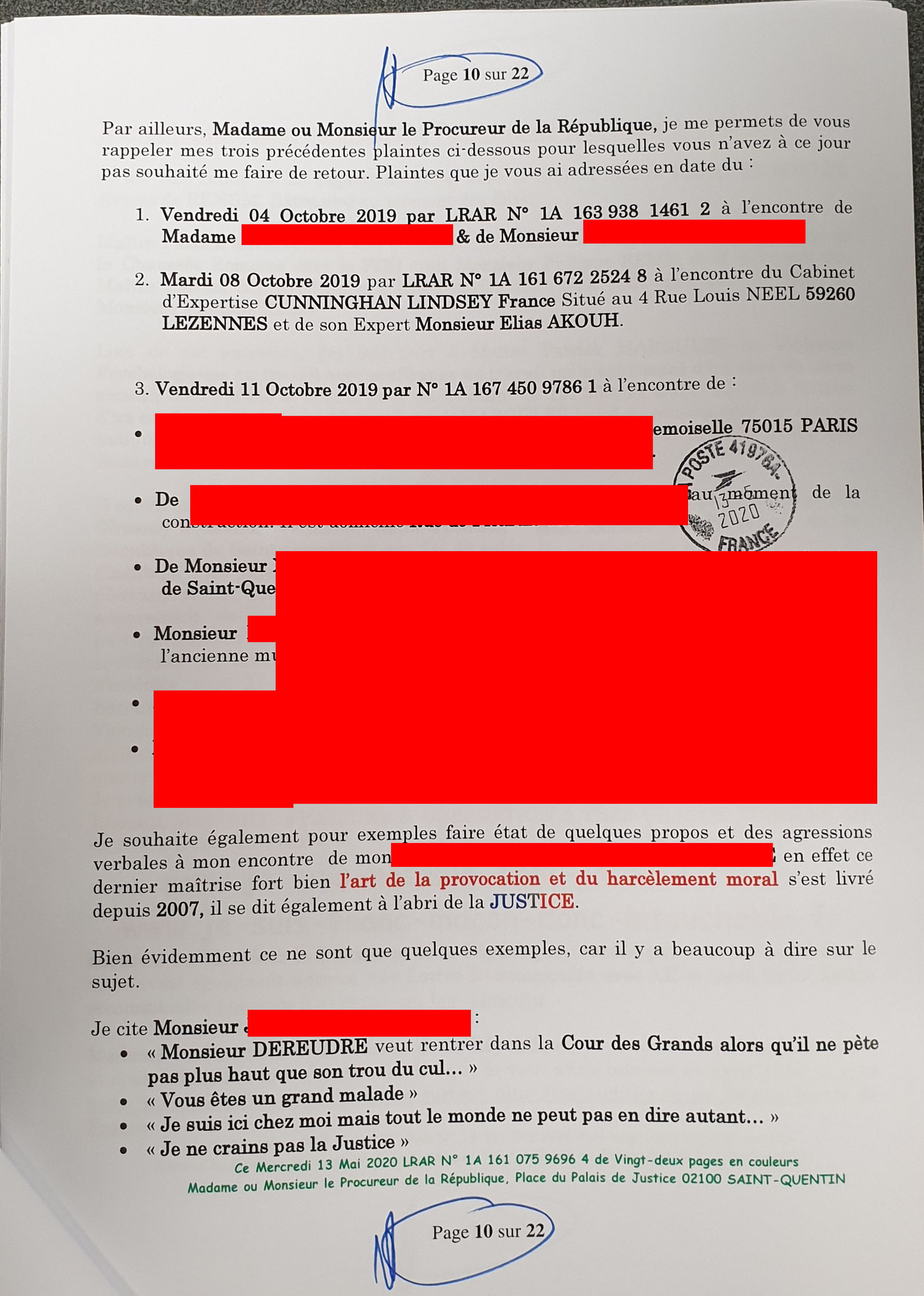 Mon dépôt de Plainte du 13 Mai 2020 auprès du Procureur de la République de Saint-Quentin Pour Violences en Bande Organisée à l'encontre des Taxis VASSEUR SERVICES www.jenesuispasunchien.fr www.jesuisvictime.fr www.jesuispatrick.fr