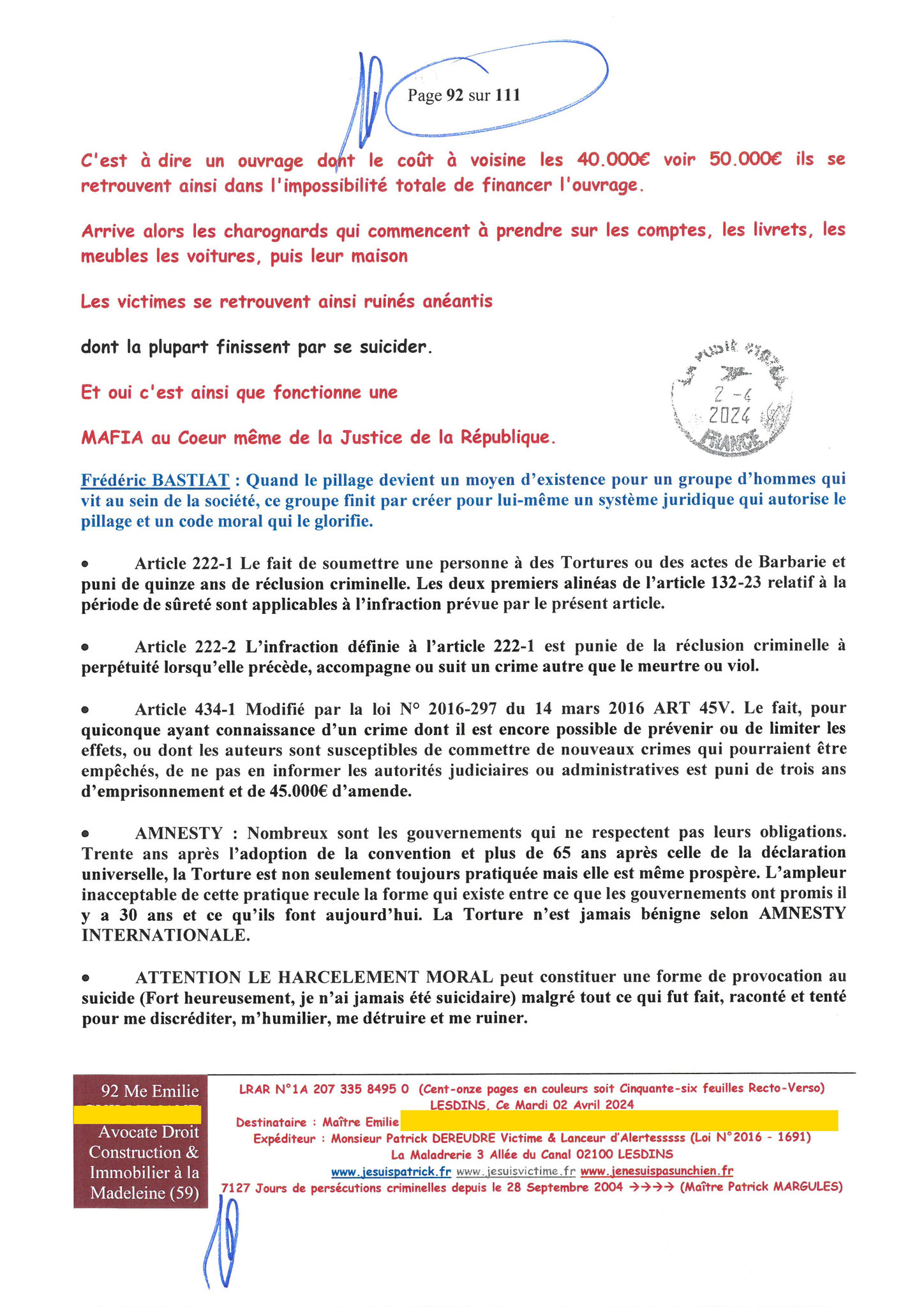 92 sur 111 AFFAIRE CRIMINELLE «MES CHERS VOISINS» Maître vous êtes corrompue 1ère LETTRE RECOMMANDEE OUVERTE MISE EN DEMEURE Mardi 02 Avril 2024