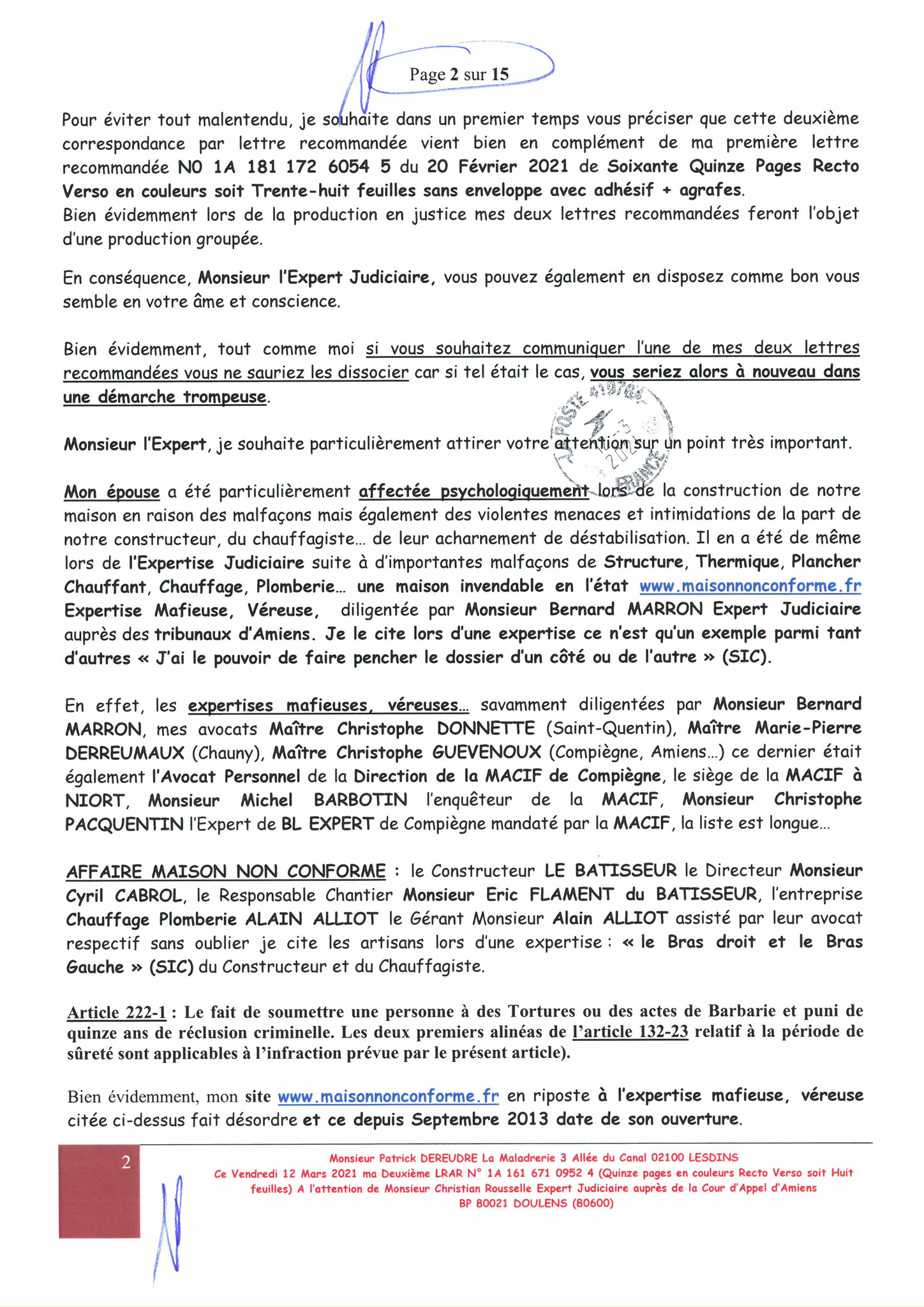 Pièce N°8e) Page 02sur15 AFFAIRE CRIMINELLE «MES CHERS VOISINS» SIGNIFICATION DE JUGEMENT, Violences, Extorsion de Fonds, Tentative Extorsion de Fonds, Maître Marc ANTONINI à l'œuvre et ce avec la bénédiction de nos Institutions www.jesuispatrick.fr