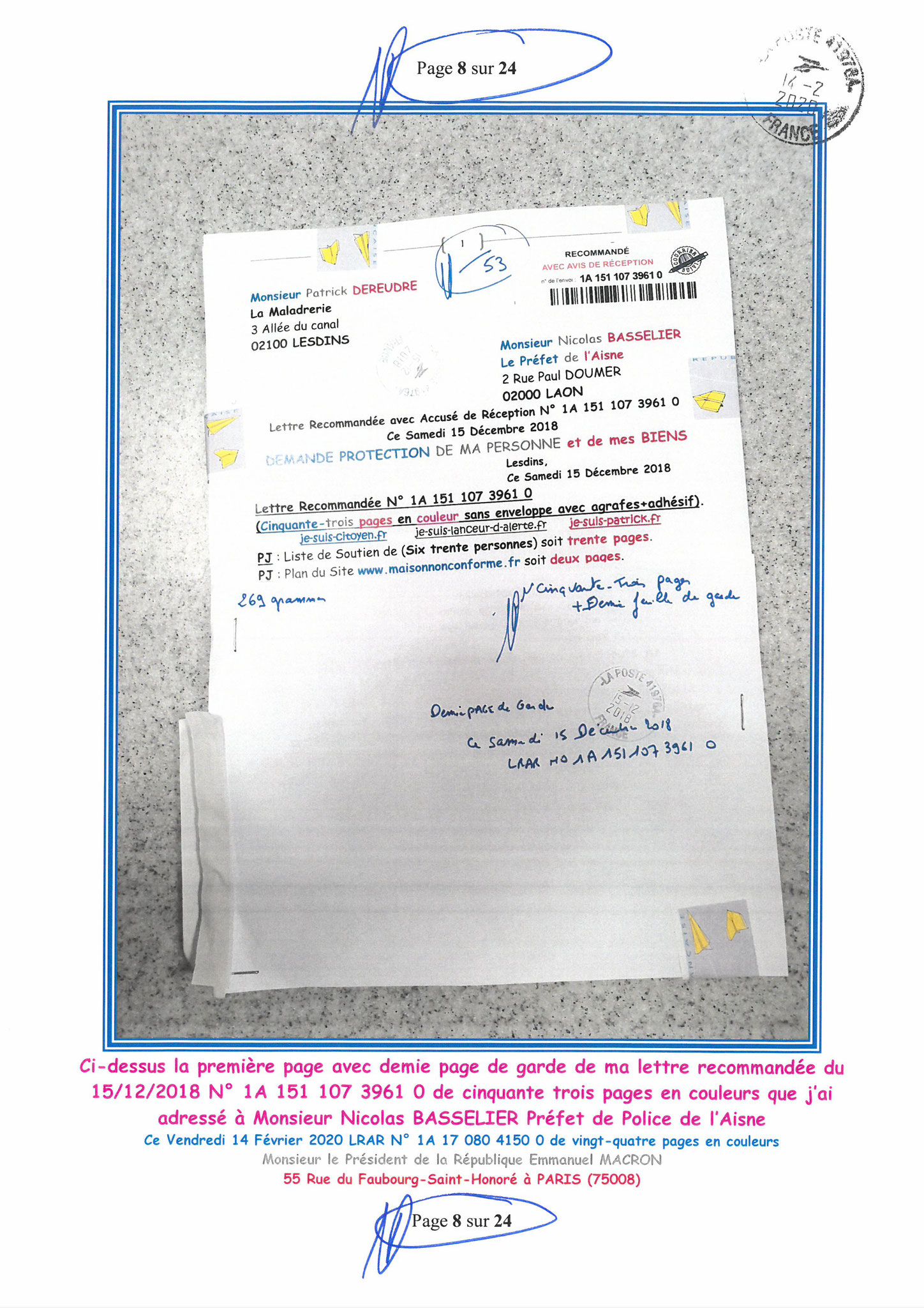 Ma lettre recommandée du 14 Février 2020 N° 1A 178 082 4150 0  page 8 sur 24 en couleur que j'ai adressé à Monsieur Emmanuel MACRON le Président de la République www.jesuispatrick.fr