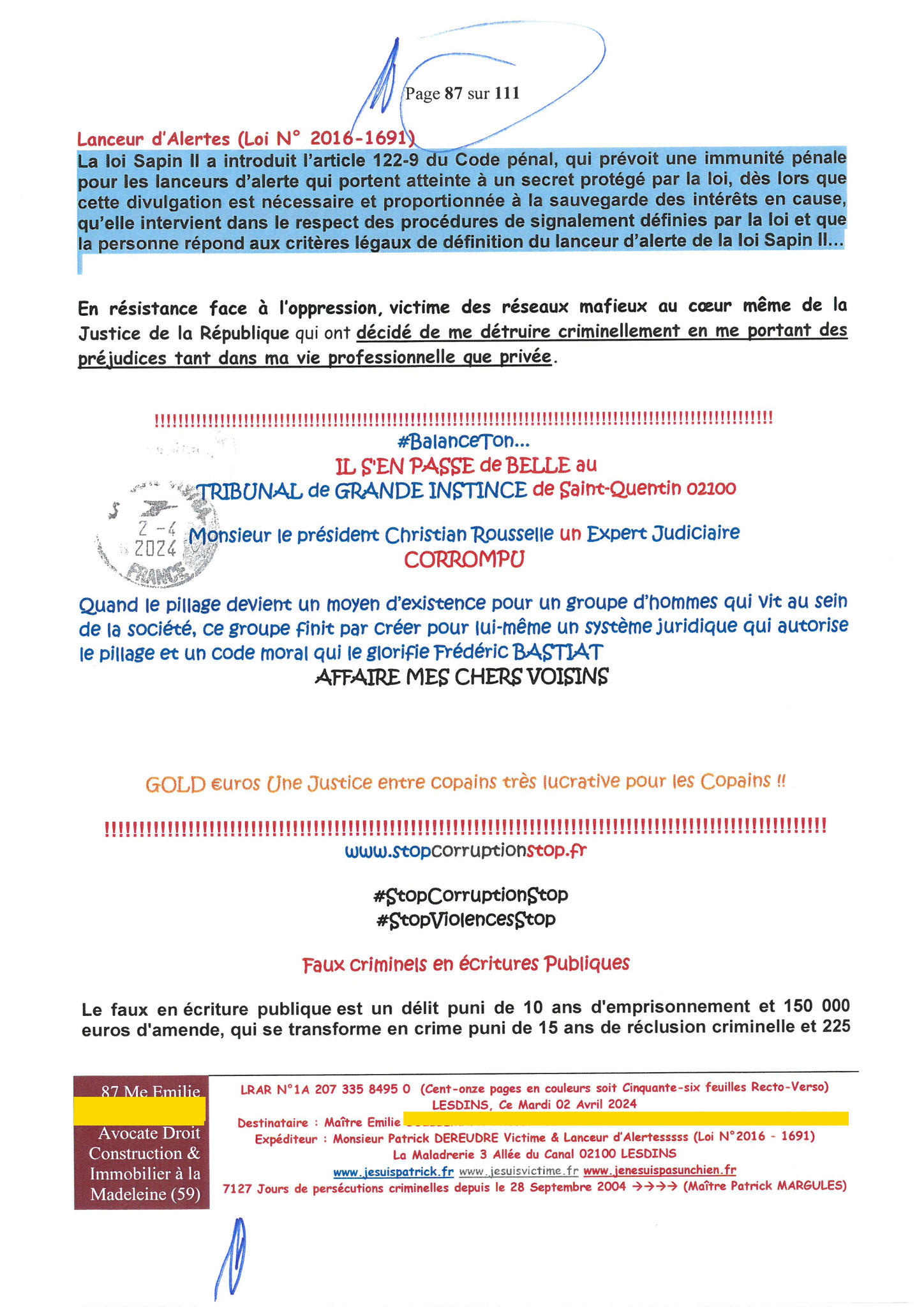 87 sur 111 AFFAIRE CRIMINELLE «MES CHERS VOISINS» Maître vous êtes corrompue 1ère LETTRE RECOMMANDEE OUVERTE MISE EN DEMEURE Mardi 02 Avril 2024