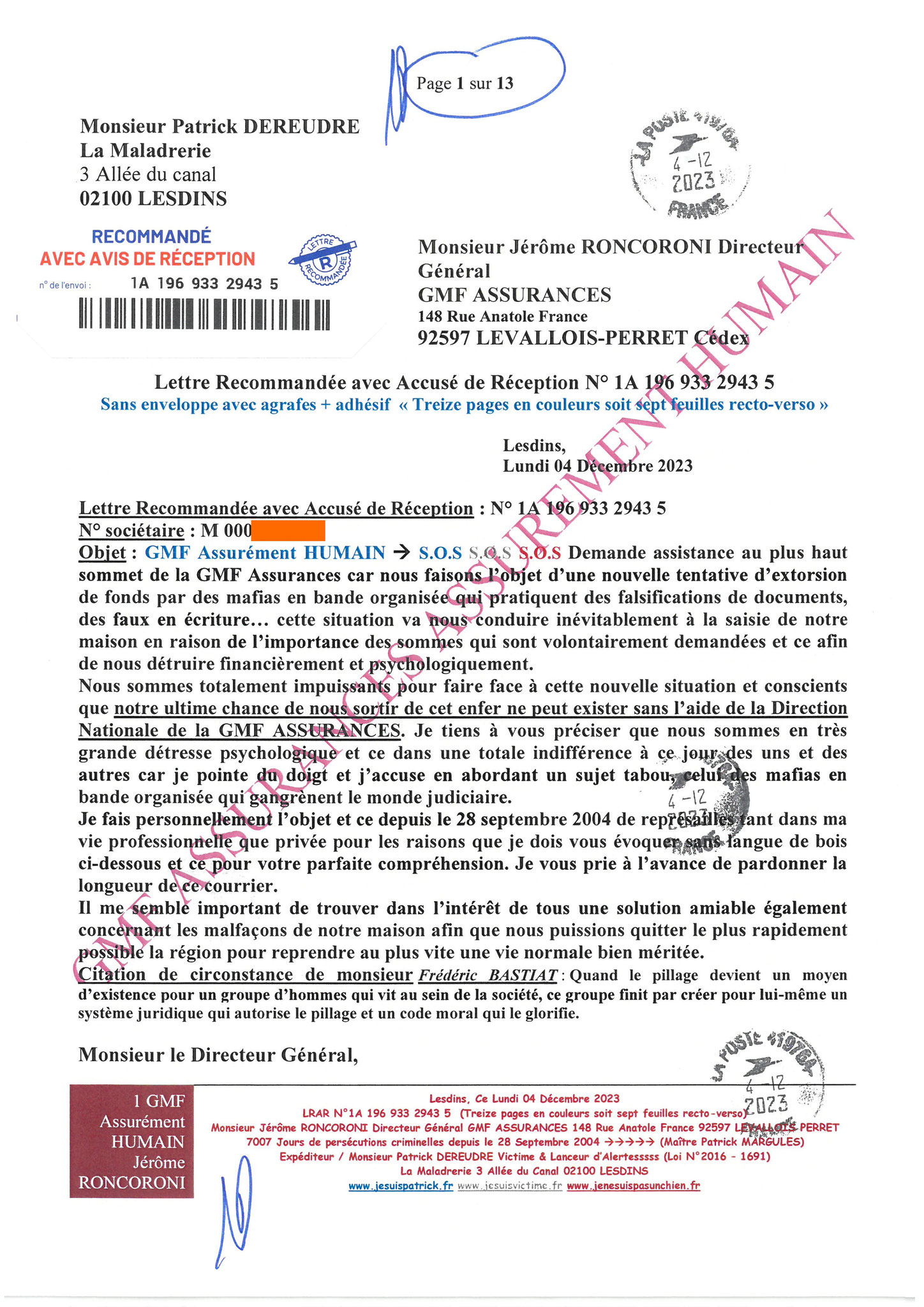 7d)NON ASSISTANCE A PERSONNES EN DANGER 1 sur 13 GMF ASSURANCES ASSURÉMENT HUMAIN !!! NON ASSISTANCE A PERSONNES EN DANGER Ma 1ère LRAR du 04 Décembre 2023 adressée en vain  à Monsieur Eric RONCORONI le Directeur Général de GMF ASSURANCES