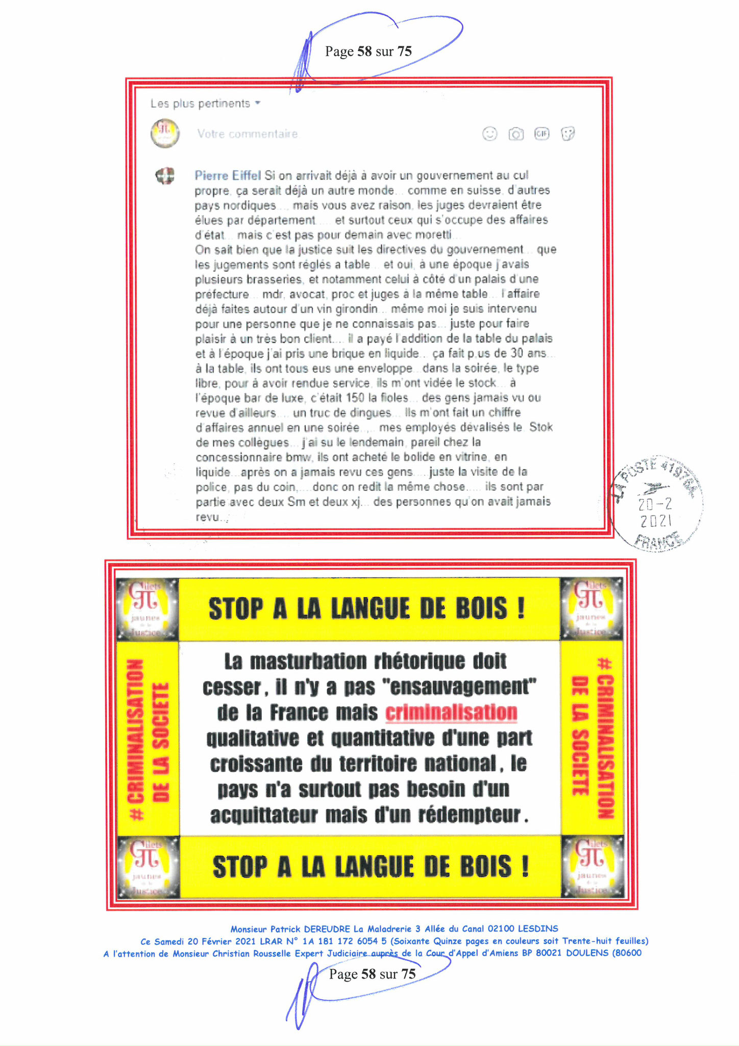 Pièce N°12f) Page 58sur75 AFFAIRE CRIMINELLE «MES CHERS VOISINS» SIGNIFICATION DE JUGEMENT, Violences, Extorsion de Fonds, Tentative Extorsion de Fonds, Maître Marc ANTONINI à l'œuvre et ce avec la bénédiction de nos Institutions www.jesuispatrick.fr
