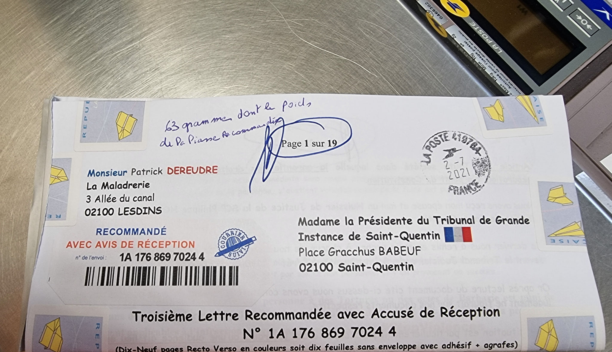 Ma lettre du 02 Juillet 2021 adressée au TRIBUNAL DE GRANDE INSTANCE de SAINT-QUENTIN  sans réponse situation lourde de conséquences www.jesuisvictime.fr www.jenesuispasunchien.fr www.jesuisenvie.fr ALERTE ROUGE TRISTE FRANCE CORRUPTION GENERALISEE EN FRA