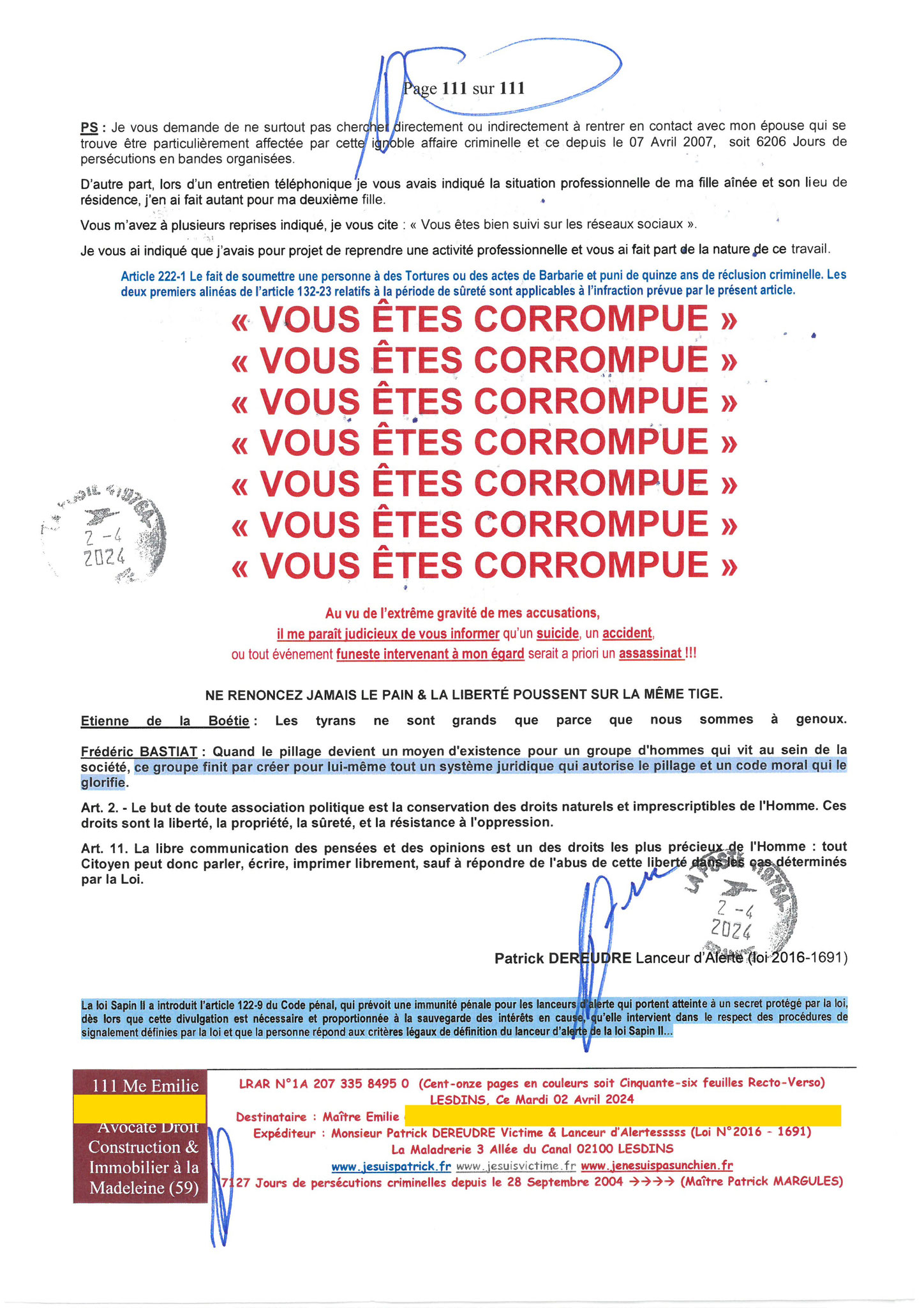 111 sur 111 AFFAIRE CRIMINELLE «MES CHERS VOISINS» Maître vous êtes corrompue 1ère LETTRE RECOMMANDEE OUVERTE MISE EN DEMEURE Mardi 02 Avril 2024