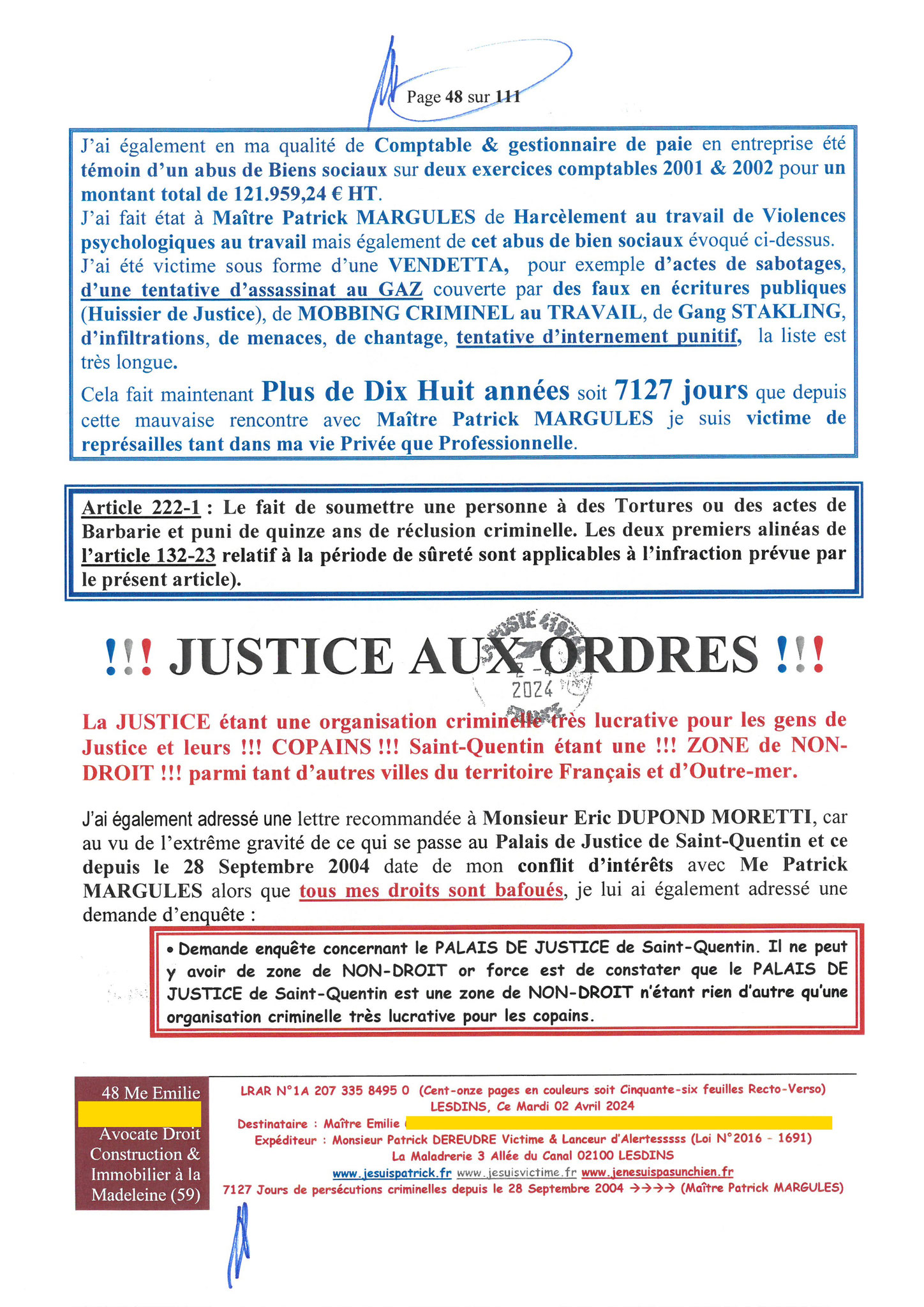 48 sur 111 AFFAIRE CRIMINELLE «MES CHERS VOISINS» Maître vous êtes corrompue 1ère LETTRE RECOMMANDEE OUVERTE MISE EN DEMEURE Mardi 02 Avril 2024