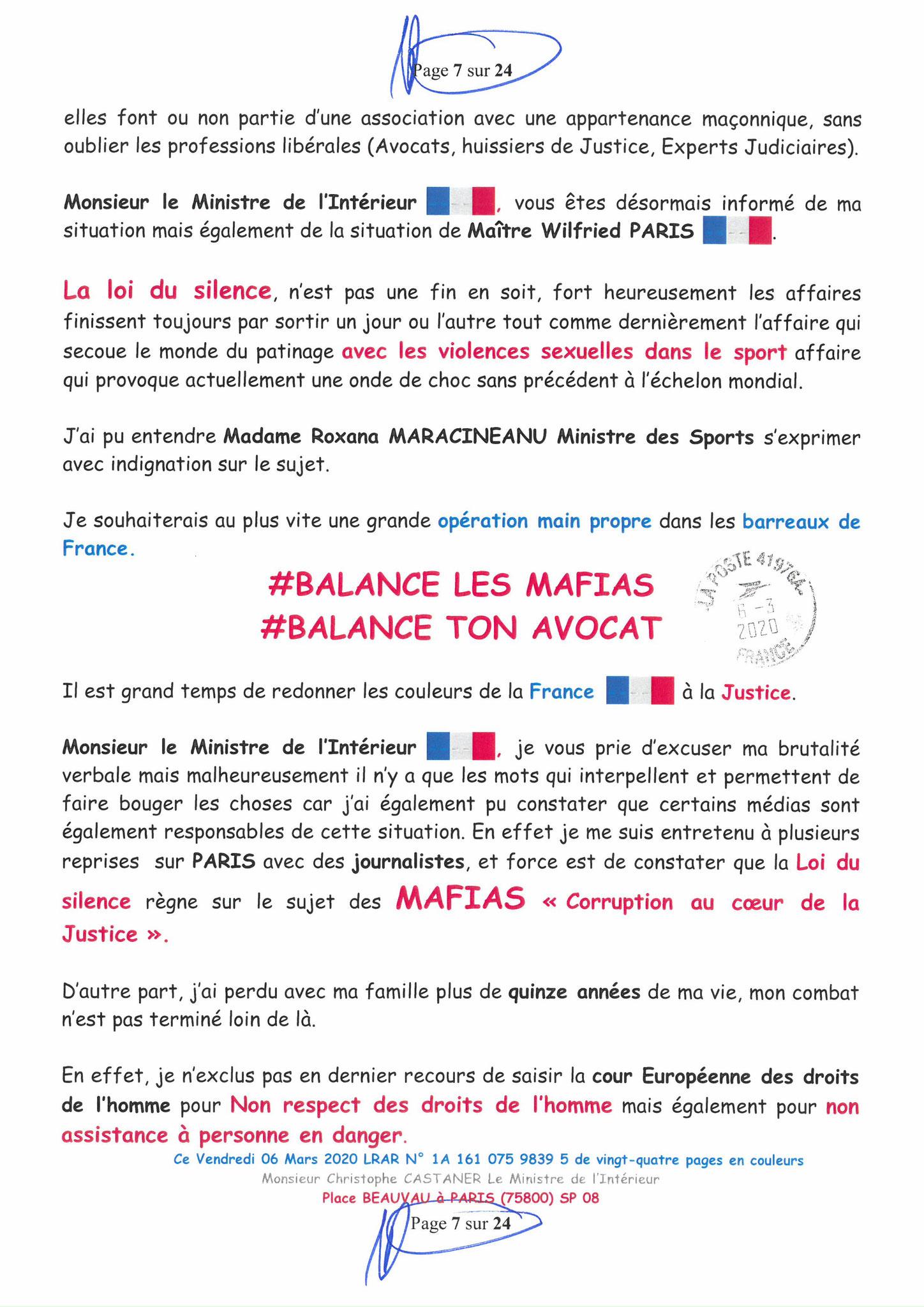 Ma LRAR à Monsieur le Ministre de l'Intérieur Christophe CASTANER N°1A 161 075 9839 5  Page 7 sur 24 en couleur du 06 Mars 2020  www.jesuispatrick.fr