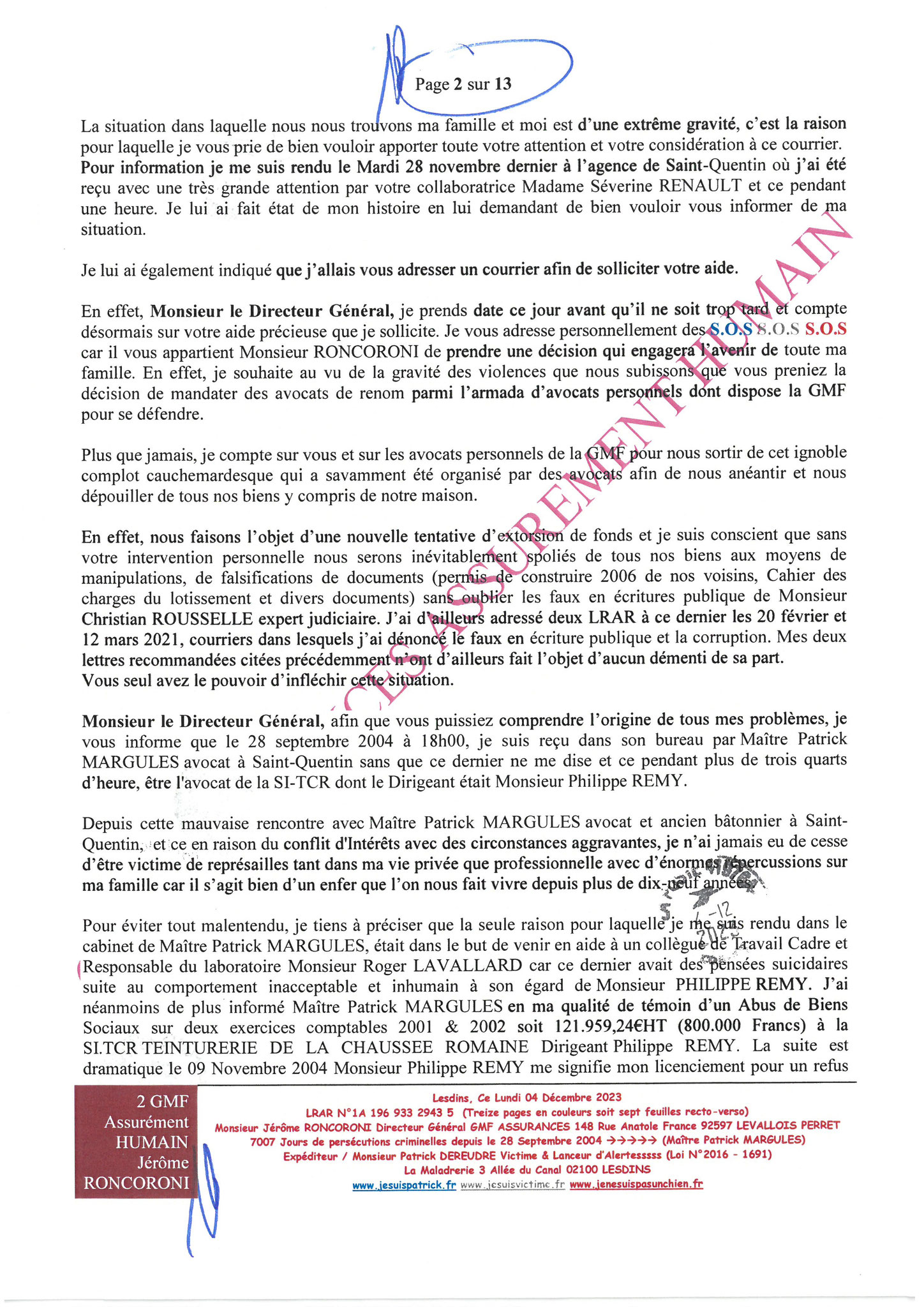 7d)NON ASSISTANCE A PERSONNES EN DANGER 2 sur 13 GMF ASSURANCES ASSURÉMENT HUMAIN !!! NON ASSISTANCE A PERSONNES EN DANGER Ma 1ère LRAR du 04 Décembre 2023 adressée en vain  à Monsieur Eric RONCORONI le Directeur Général de GMF ASSURANCES