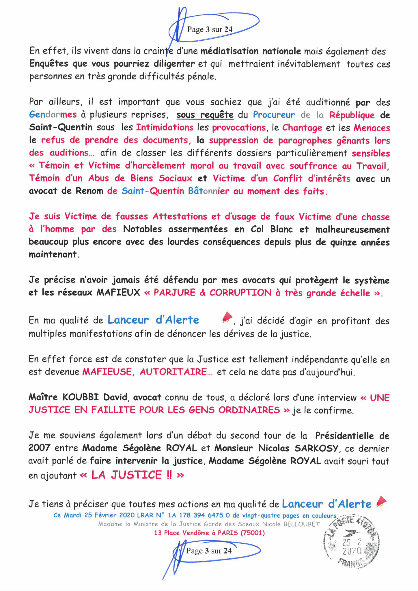 Ma LRAR à Madame Nicole BELLOUBET la Ministre de la Justice N0 1A 178 394 6475 0 Page 3 sur 24 en couleur  www.jesuispatrick.com