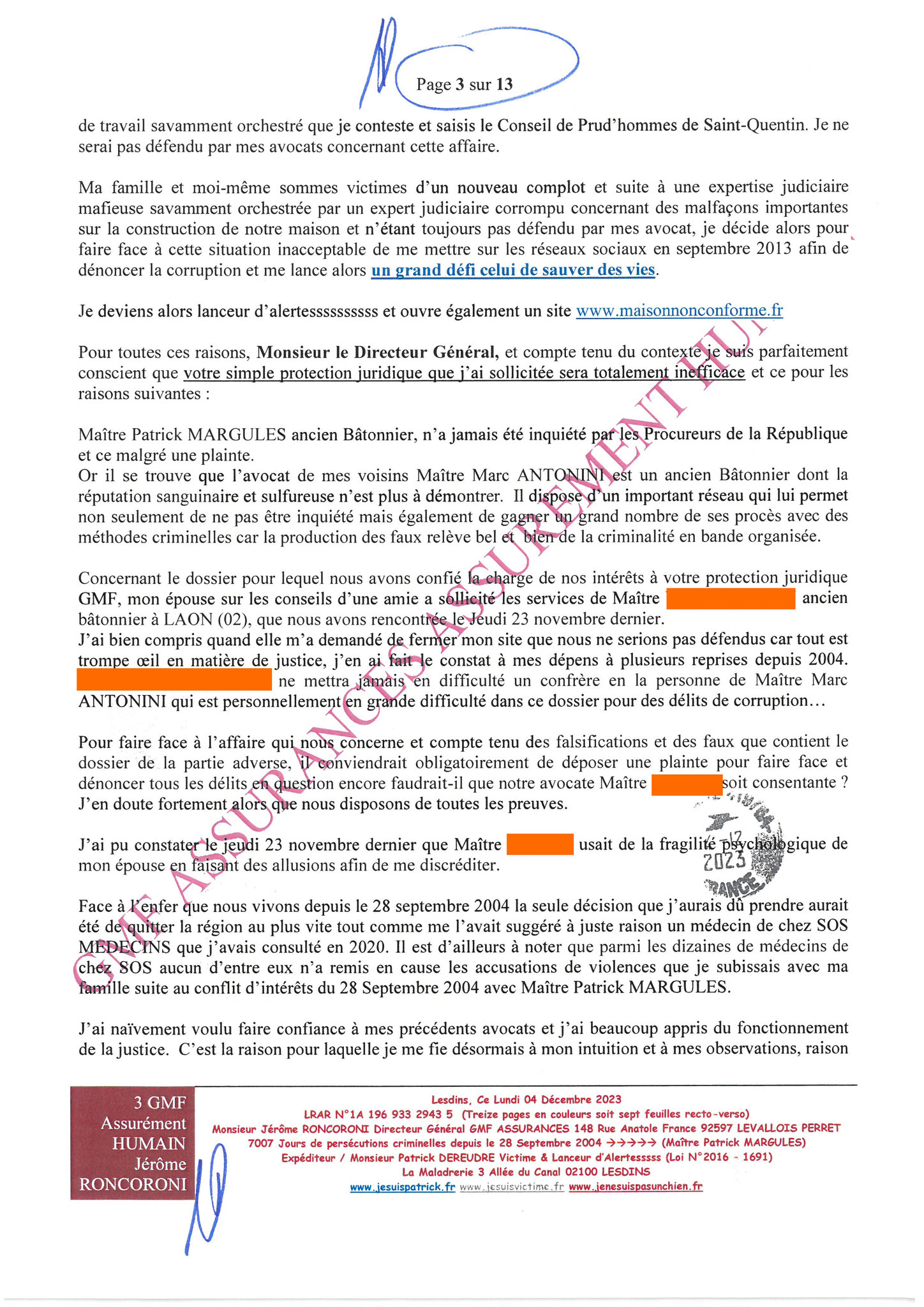 7d)NON ASSISTANCE A PERSONNES EN DANGER 3 sur 13 GMF ASSURANCES ASSURÉMENT HUMAIN !!! NON ASSISTANCE A PERSONNES EN DANGER Ma 1ère LRAR du 04 Décembre 2023 adressée en vain  à Monsieur Eric RONCORONI le Directeur Général de GMF ASSURANCES