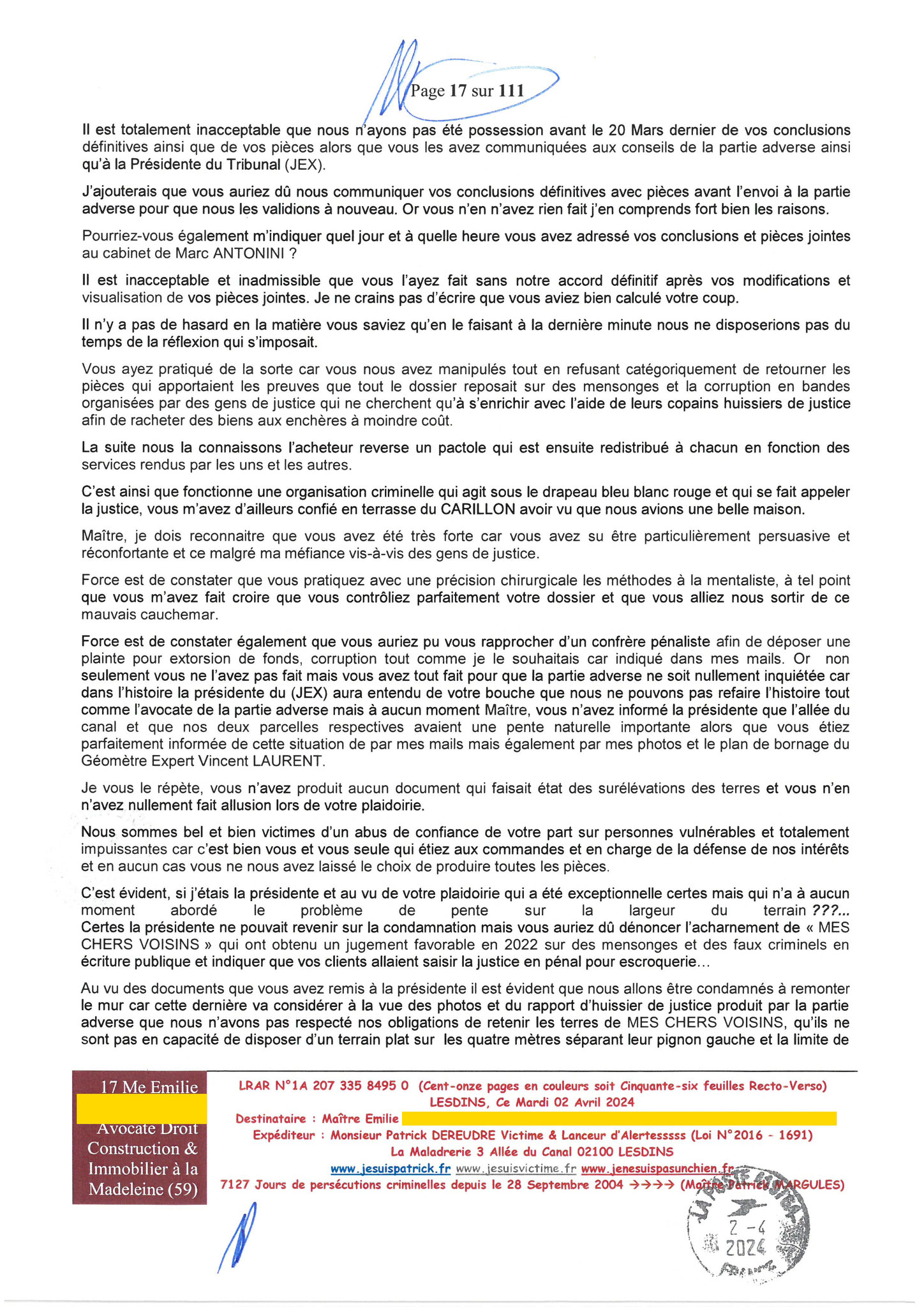 17 sur 111 AFFAIRE CRIMINELLE «MES CHERS VOISINS» Maître vous êtes corrompue  1ère LETTRE RECOMMANDEE OUVERTE MISE EN DEMEURE Mardi 02 Avril 2024