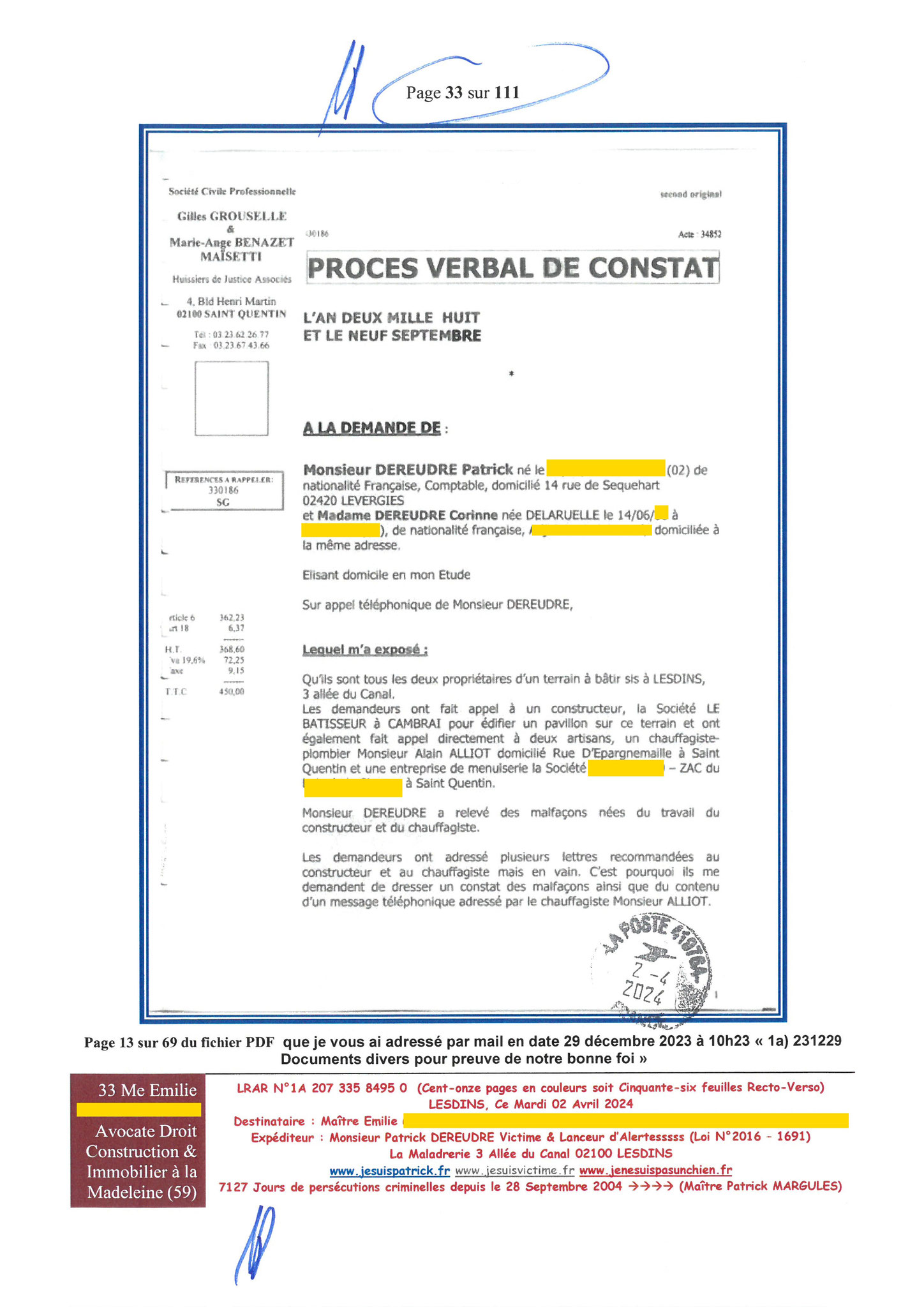 33 sur 111 AFFAIRE CRIMINELLE «MES CHERS VOISINS» Maître vous êtes corrompue  1ère LETTRE RECOMMANDEE OUVERTE MISE EN DEMEURE Mardi 02 Avril 2024