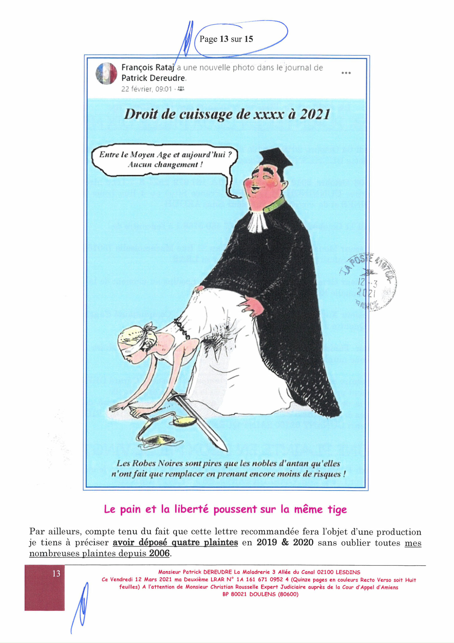 Pièce N°8e) Page 13sur15 AFFAIRE CRIMINELLE «MES CHERS VOISINS» SIGNIFICATION DE JUGEMENT, Violences, Extorsion de Fonds, Tentative Extorsion de Fonds, Maître Marc ANTONINI à l'œuvre et ce avec la bénédiction de nos Institutions www.jesuispatrick.fr