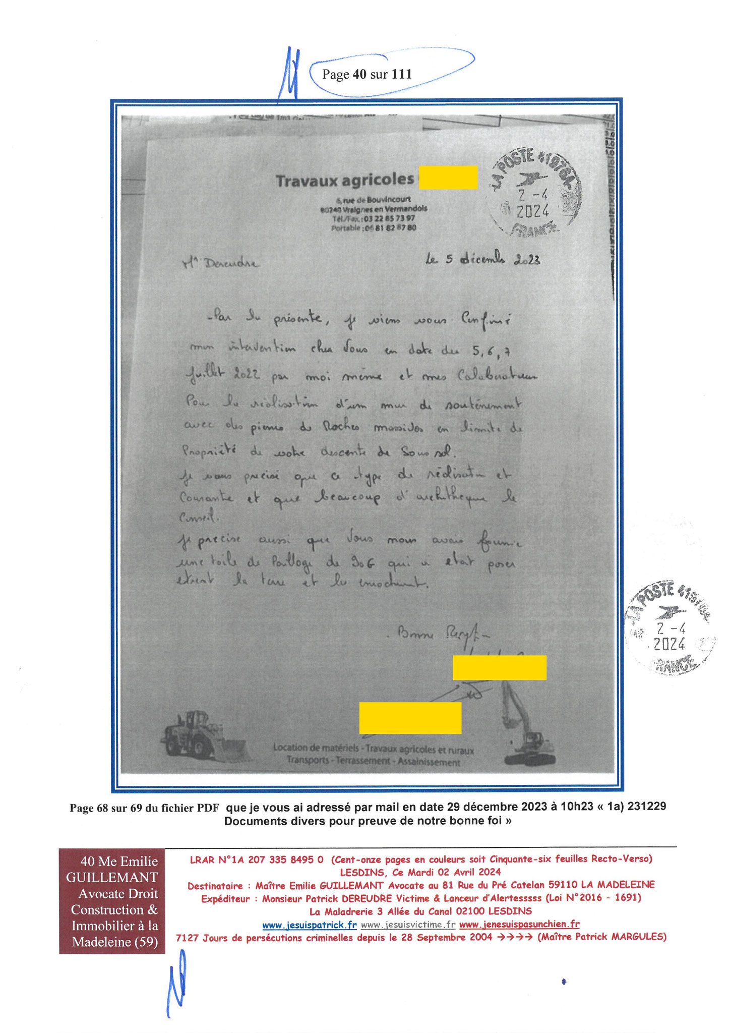 40 sur 111 AFFAIRE CRIMINELLE «MES CHERS VOISINS» Maître vous êtes corrompue 1ère LETTRE RECOMMANDEE OUVERTE MISE EN DEMEURE Mardi 02 Avril 2024