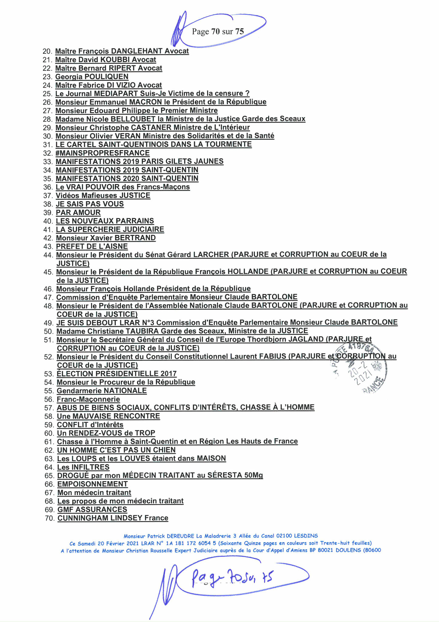 Pièce N°13f) Page 70sur75 AFFAIRE CRIMINELLE «MES CHERS VOISINS» SIGNIFICATION DE JUGEMENT, Violences, Extorsion de Fonds, Tentative Extorsion de Fonds, Maître Marc ANTONINI à l'œuvre et ce avec la bénédiction de nos Institutions www.jesuispatrick.fr