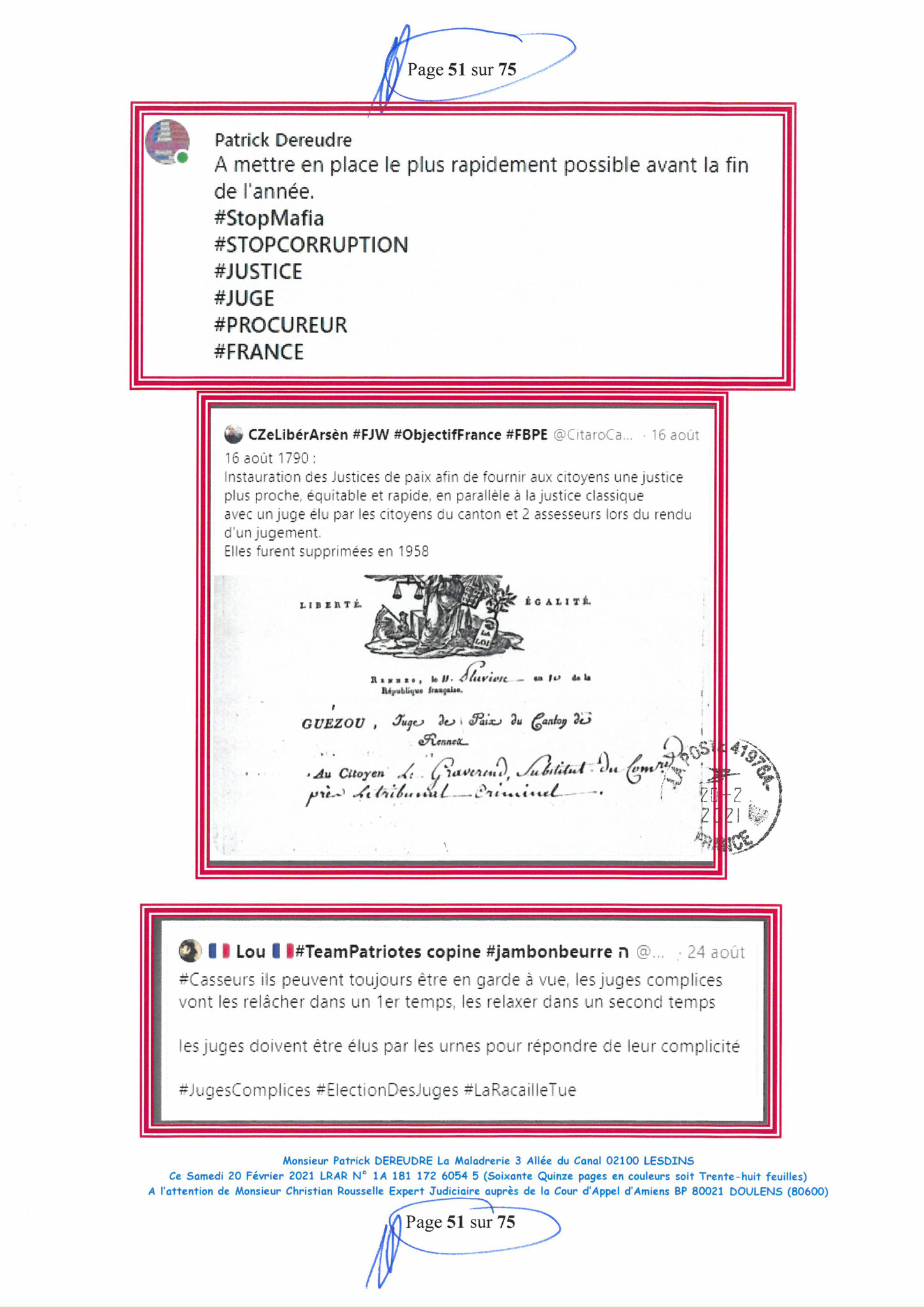 Pièce N°12f) Page 51sur75 AFFAIRE CRIMINELLE «MES CHERS VOISINS» SIGNIFICATION DE JUGEMENT, Violences, Extorsion de Fonds, Tentative Extorsion de Fonds, Maître Marc ANTONINI à l'œuvre et ce avec la bénédiction de nos Institutions www.jesuispatrick.fr