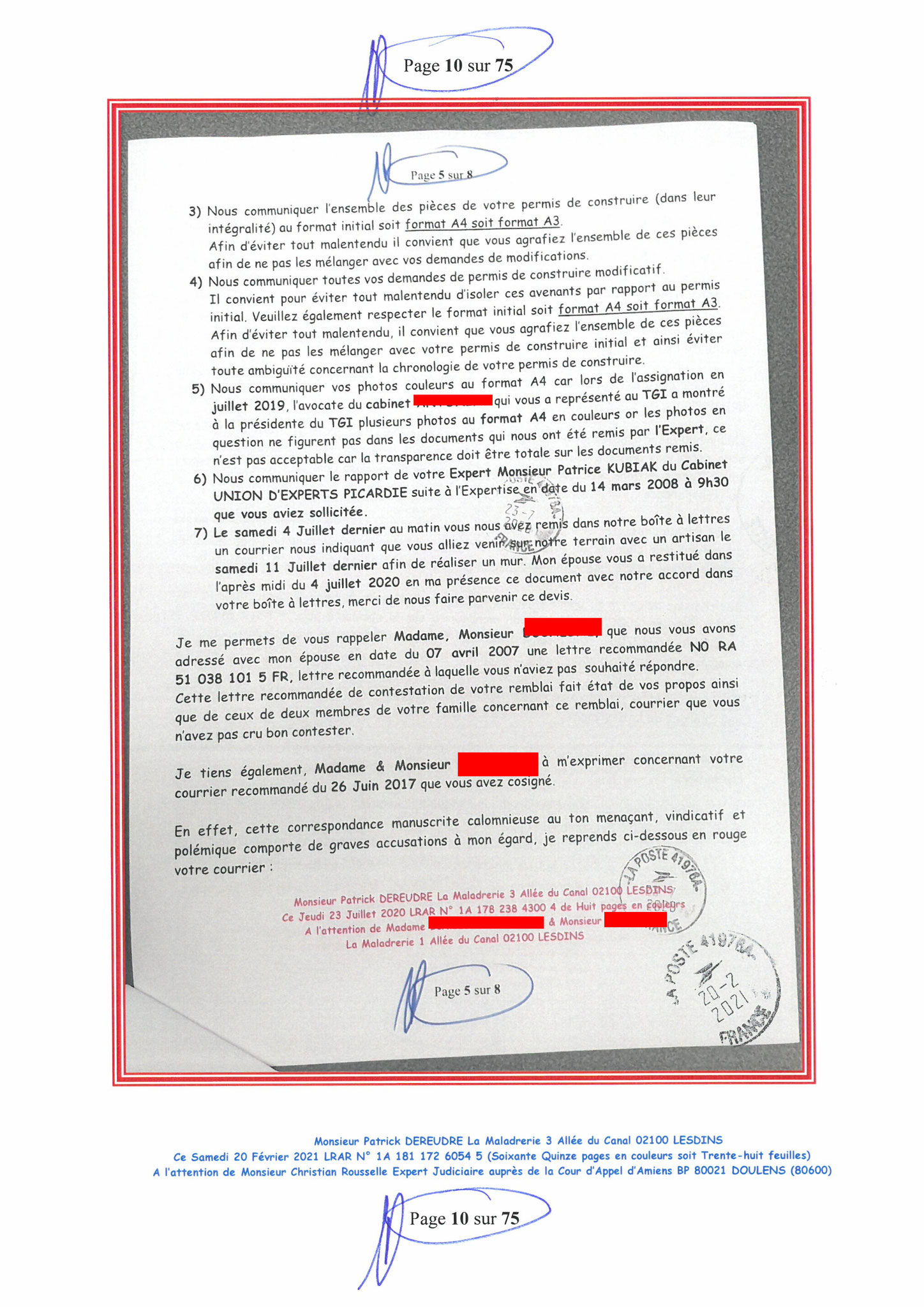 Page 10 Ma  Lettre Recommandée à Monsieur Christian ROUSSELLE Expert Judiciaire auprès de la Cour d'Appel d'Amiens Affaire MES CHERS VOISINS nos  www.jenesuispasunchien.fr www.jesuisvictime.fr www.jesuispatrick.fr PARJURE & CORRUPTION JUSTICE REPUBLIQUE