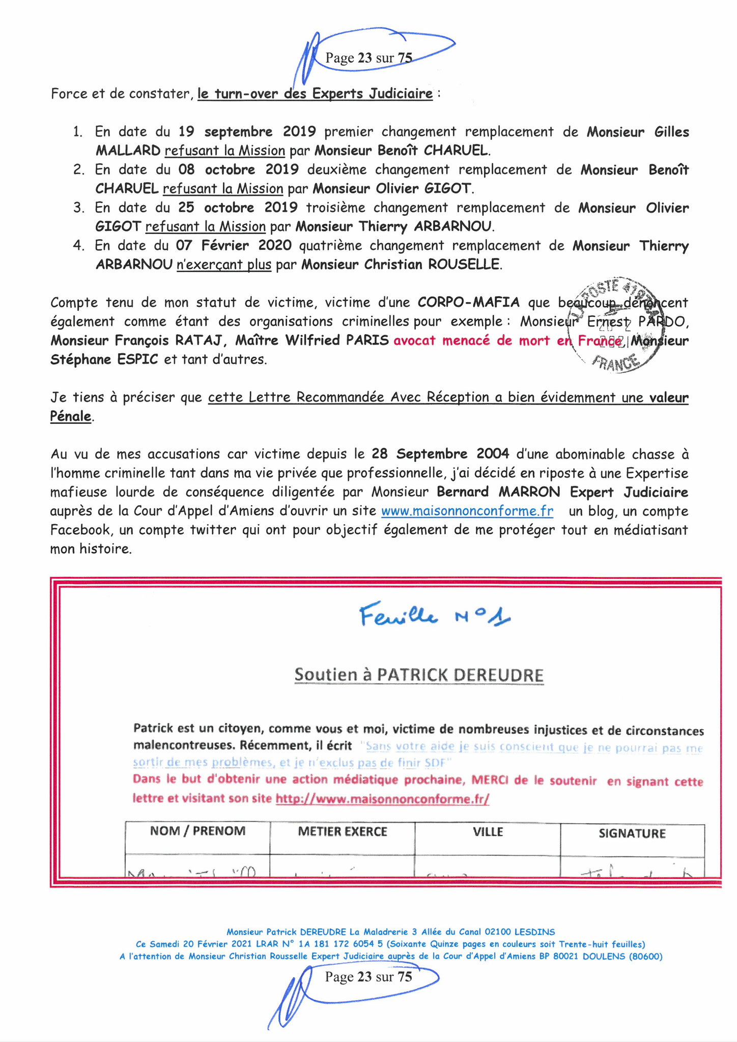 Pièce N°10f) Page 23sur75 AFFAIRE CRIMINELLE «MES CHERS VOISINS» SIGNIFICATION DE JUGEMENT, Violences, Extorsion de Fonds, Tentative Extorsion de Fonds, Maître Marc ANTONINI à l'œuvre et ce avec la bénédiction de nos Institutions www.jesuispatrick.fr
