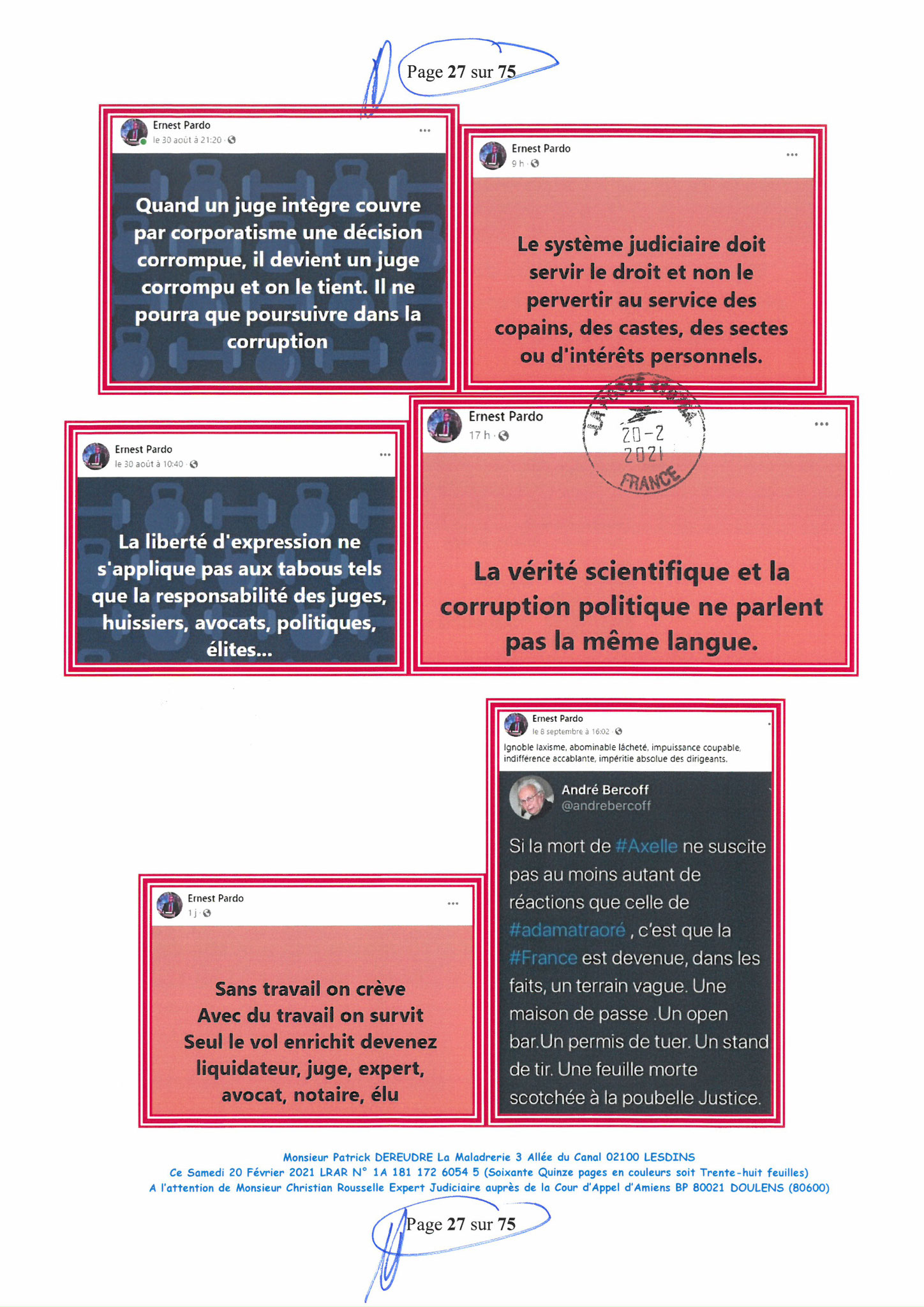 Pièce N°10f) Page 27sur75 AFFAIRE CRIMINELLE «MES CHERS VOISINS» SIGNIFICATION DE JUGEMENT, Violences, Extorsion de Fonds, Tentative Extorsion de Fonds, Maître Marc ANTONINI à l'œuvre et ce avec la bénédiction de nos Institutions www.jesuispatrick.fr